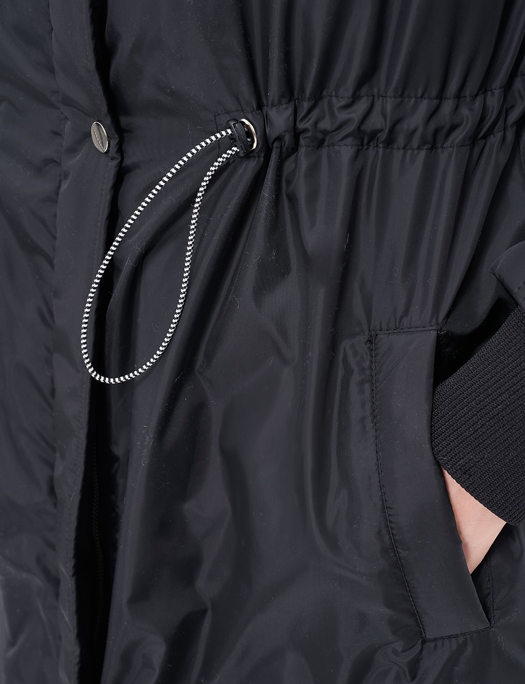 Waist Gathered Quilted Mixed Anorak Coat Black