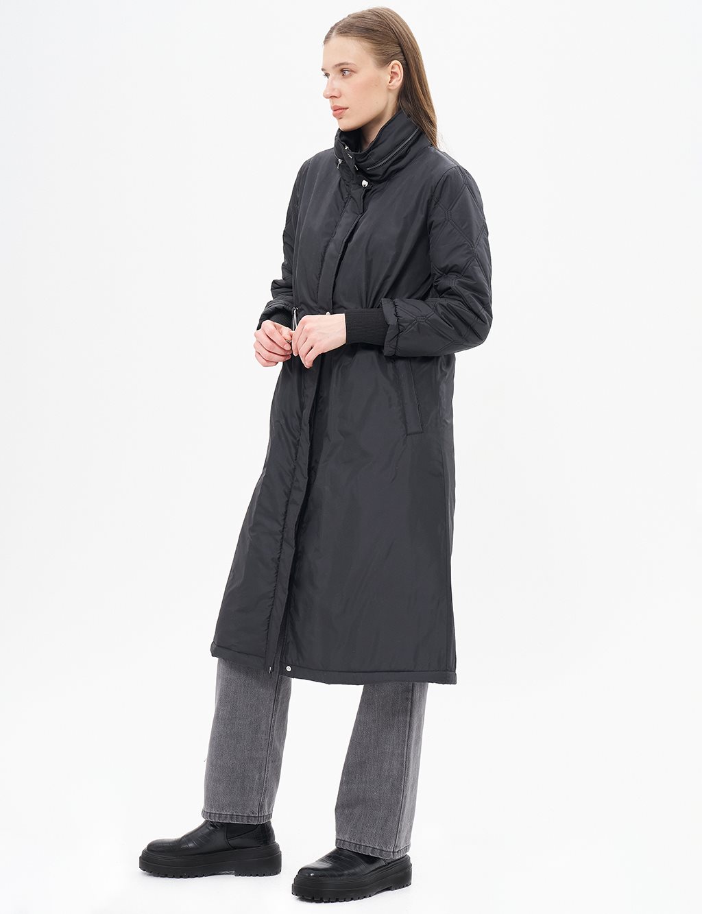 Waist Gathered Quilted Mixed Anorak Coat Black