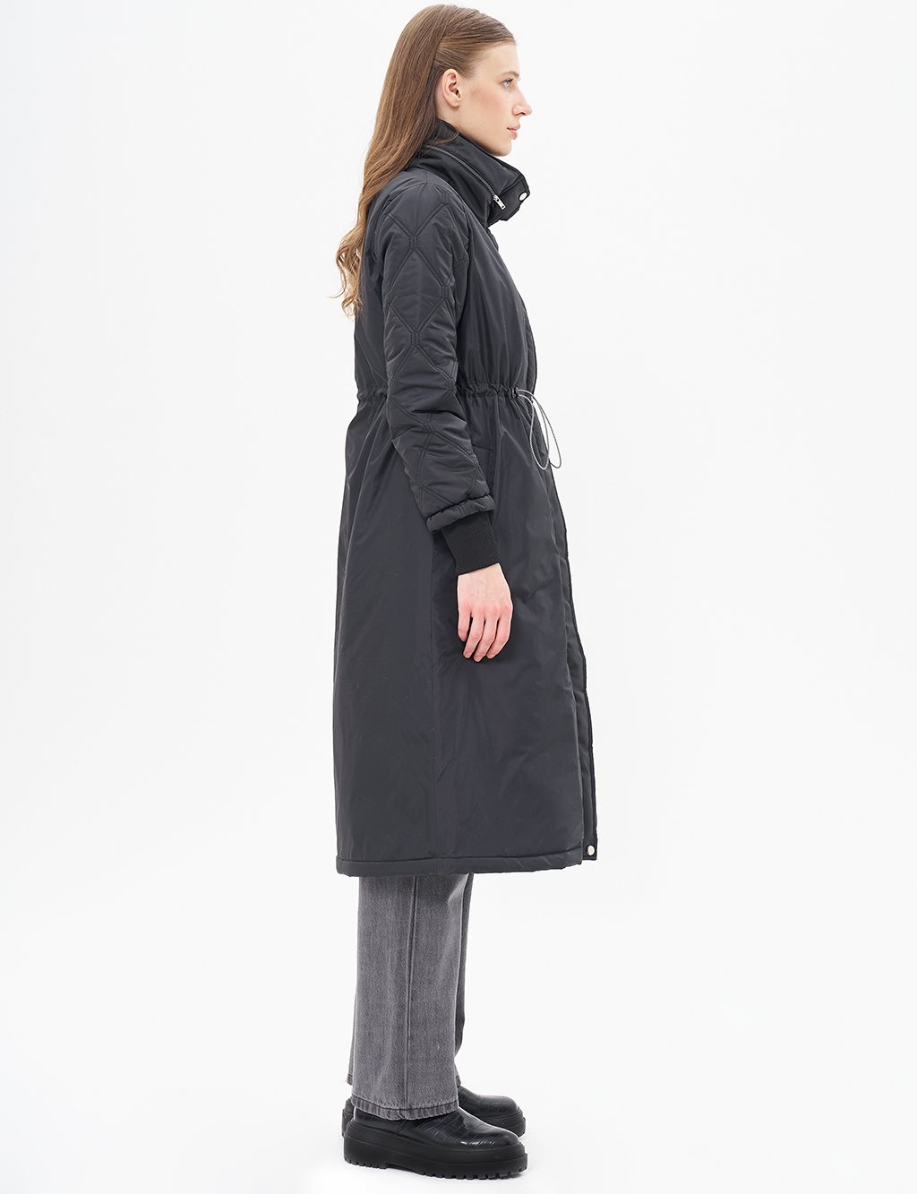 Waist Gathered Quilted Mixed Anorak Coat Black