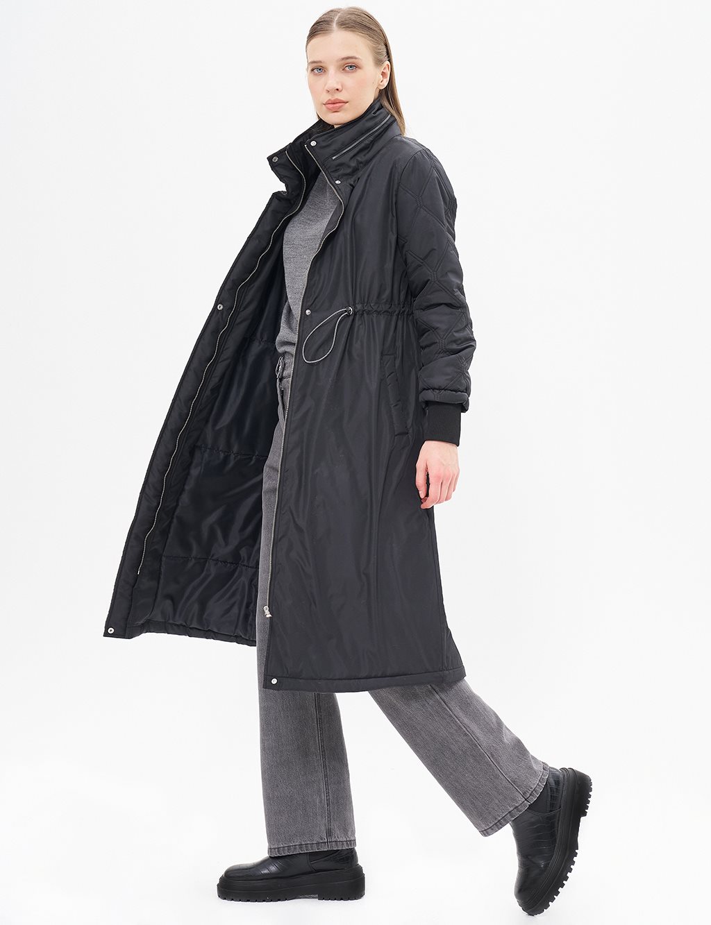 Waist Gathered Quilted Mixed Anorak Coat Black