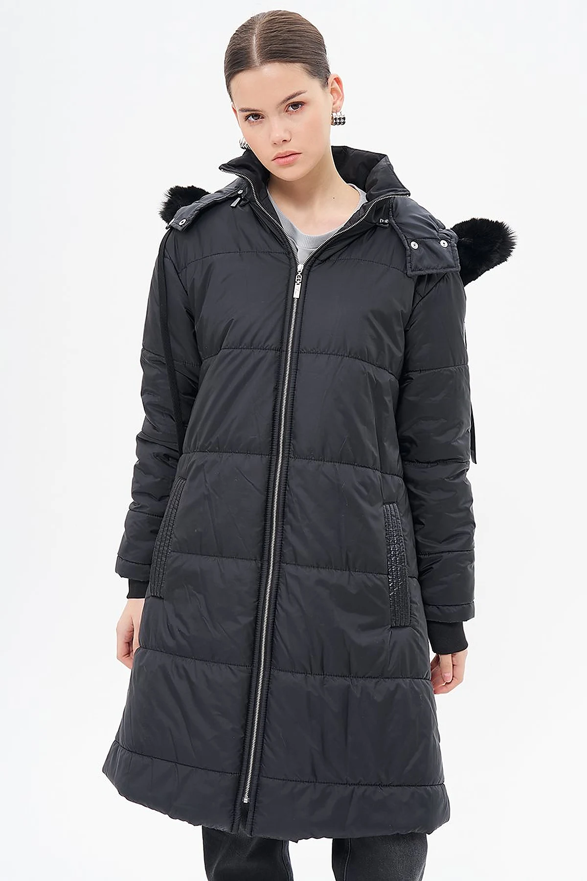 Quilted Anorak Coat with Faux Fur Detail Black