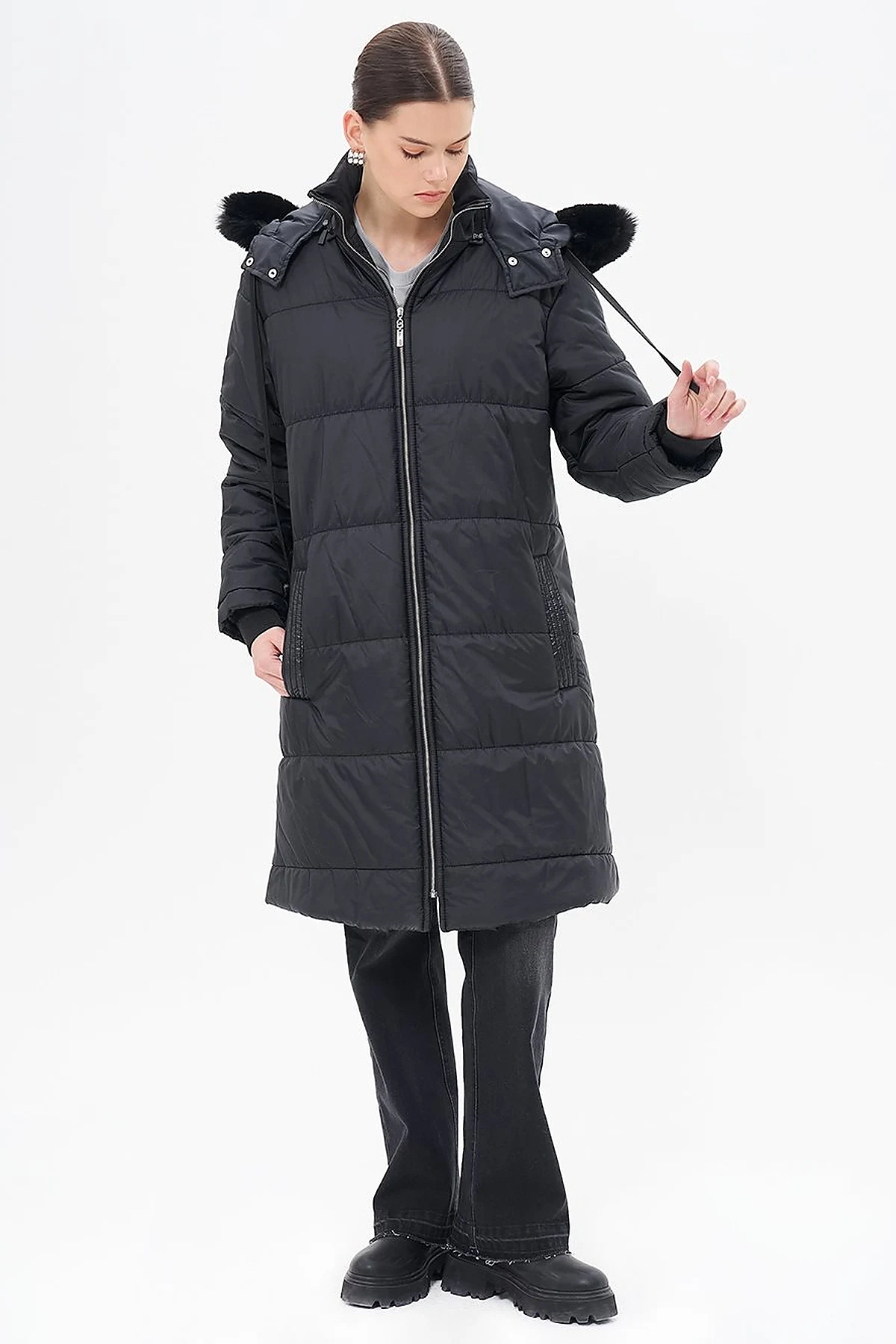 Quilted Anorak Coat with Faux Fur Detail Black