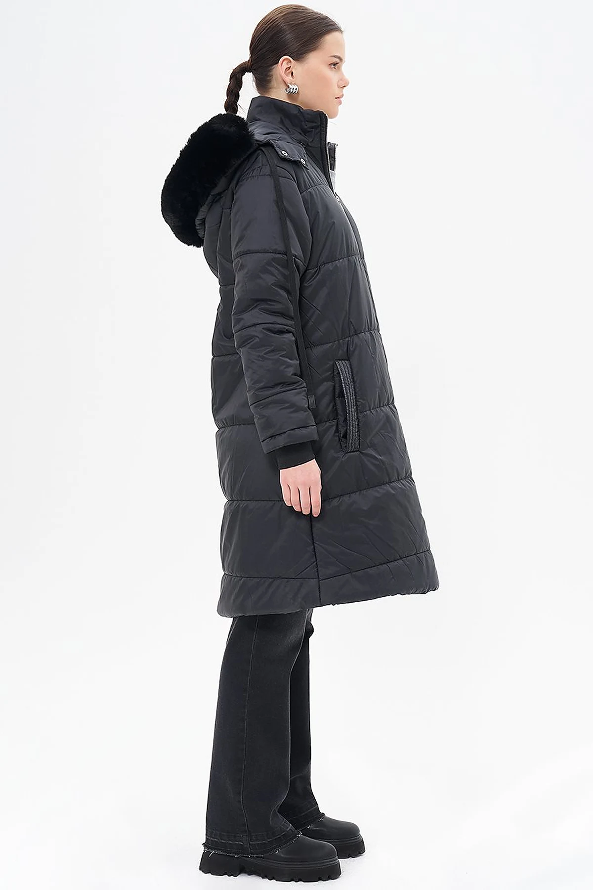 Quilted Anorak Coat with Faux Fur Detail Black