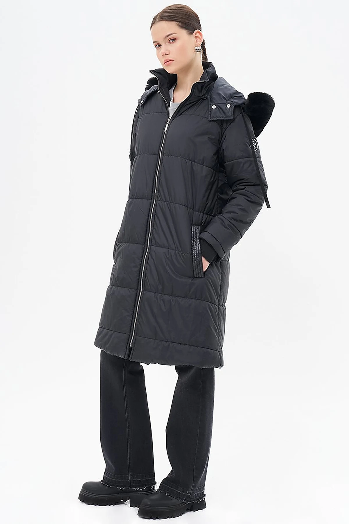 Quilted Anorak Coat with Faux Fur Detail Black