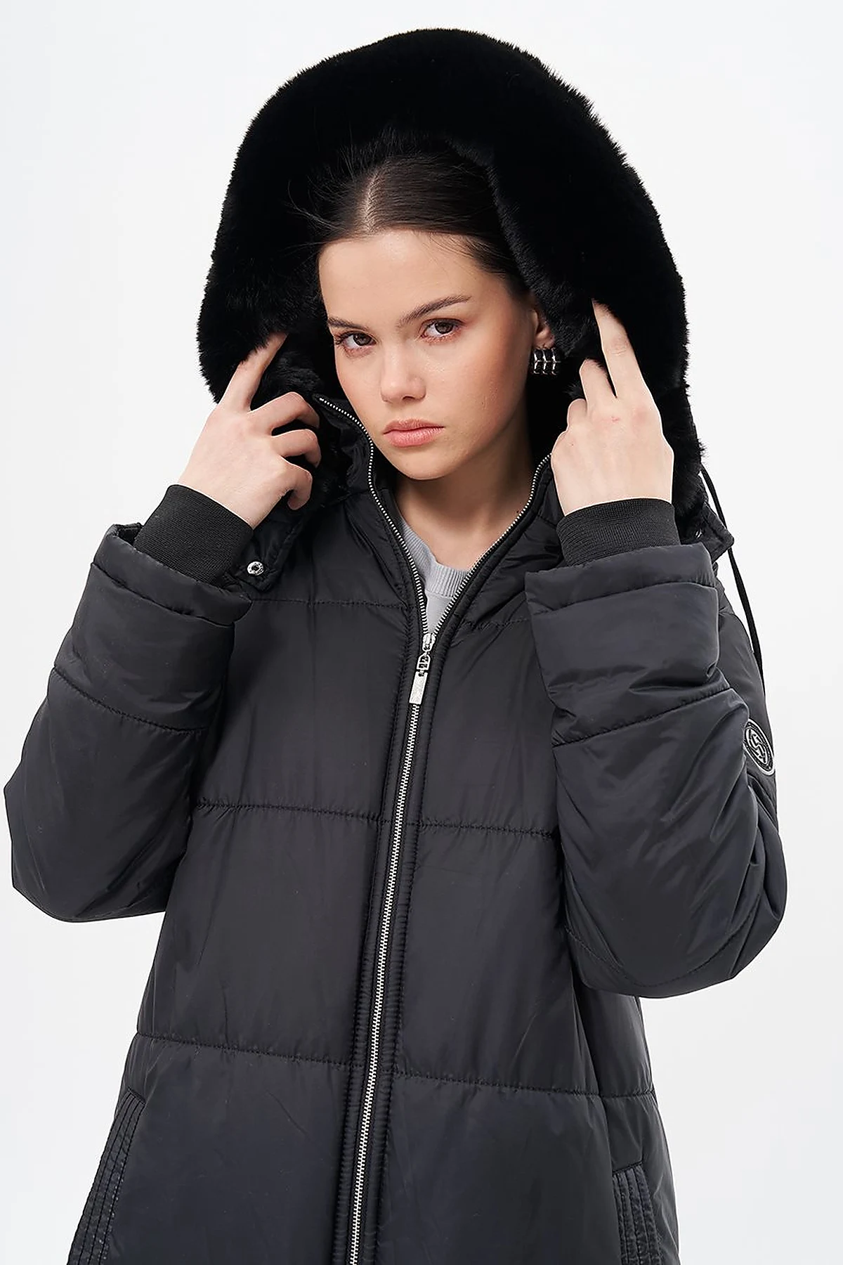 Quilted Anorak Coat with Faux Fur Detail Black