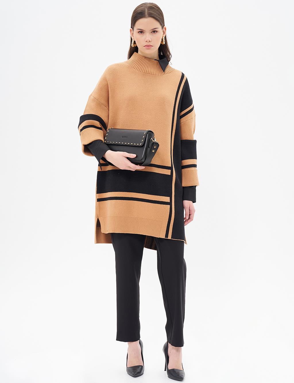 Stripe Pattern Knitwear Tunic Camel-Black
