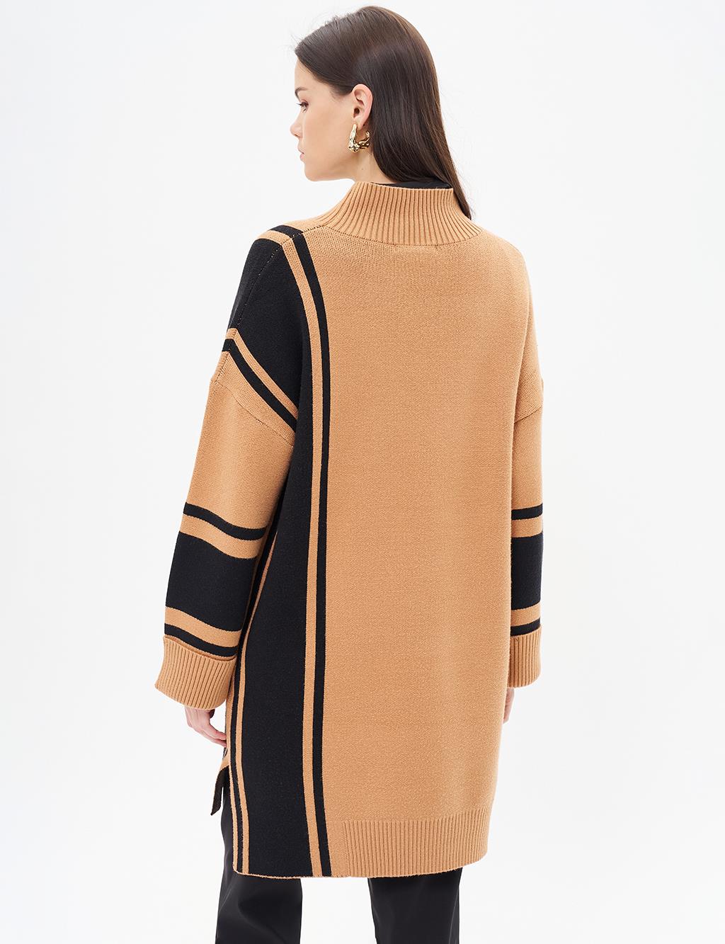 Stripe Pattern Knitwear Tunic Camel-Black