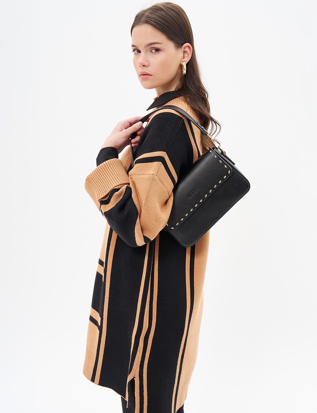 Stripe Pattern Knitwear Tunic Camel-Black