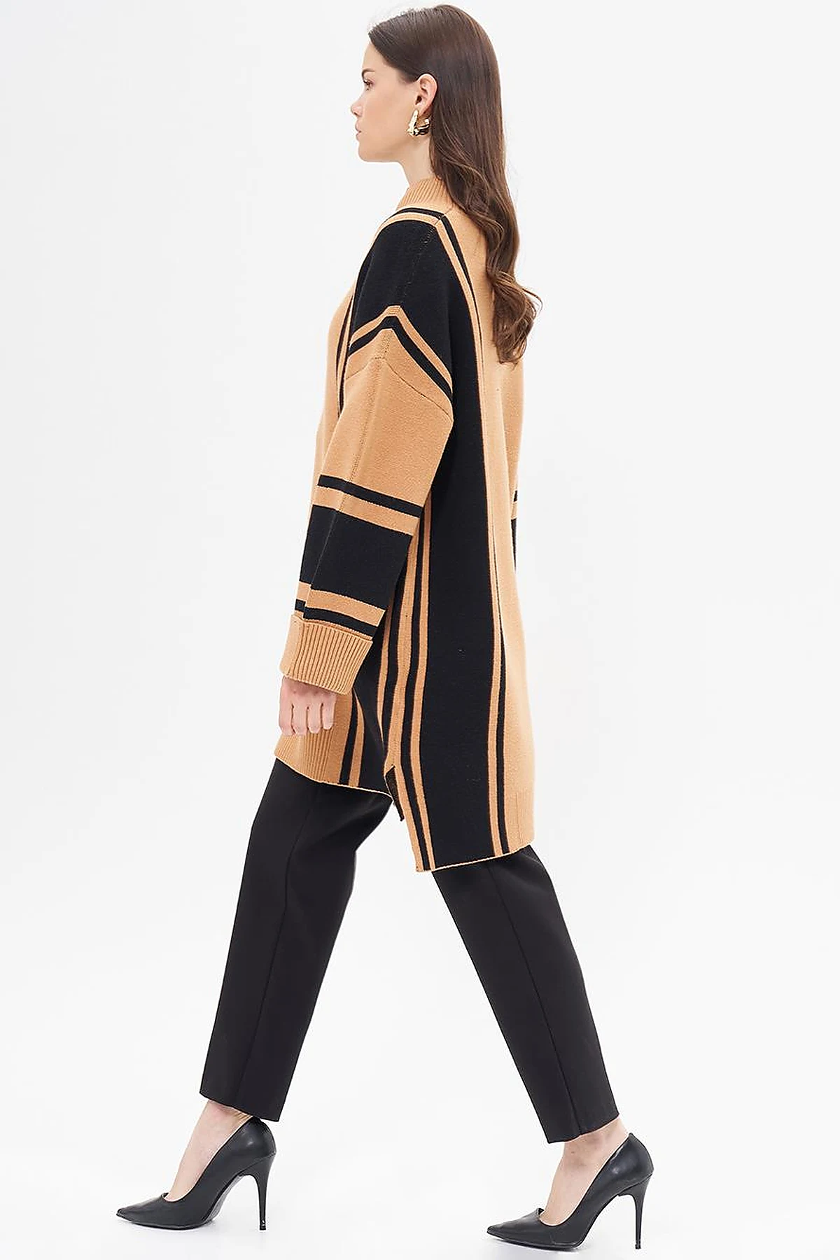 Stripe Pattern Knitwear Tunic Camel-Black