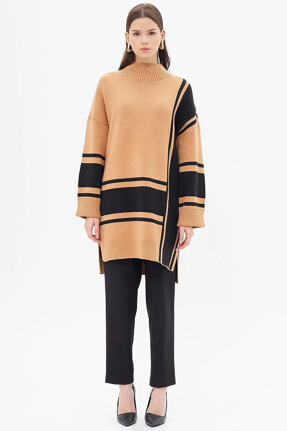 Stripe Pattern Knitwear Tunic Camel-Black