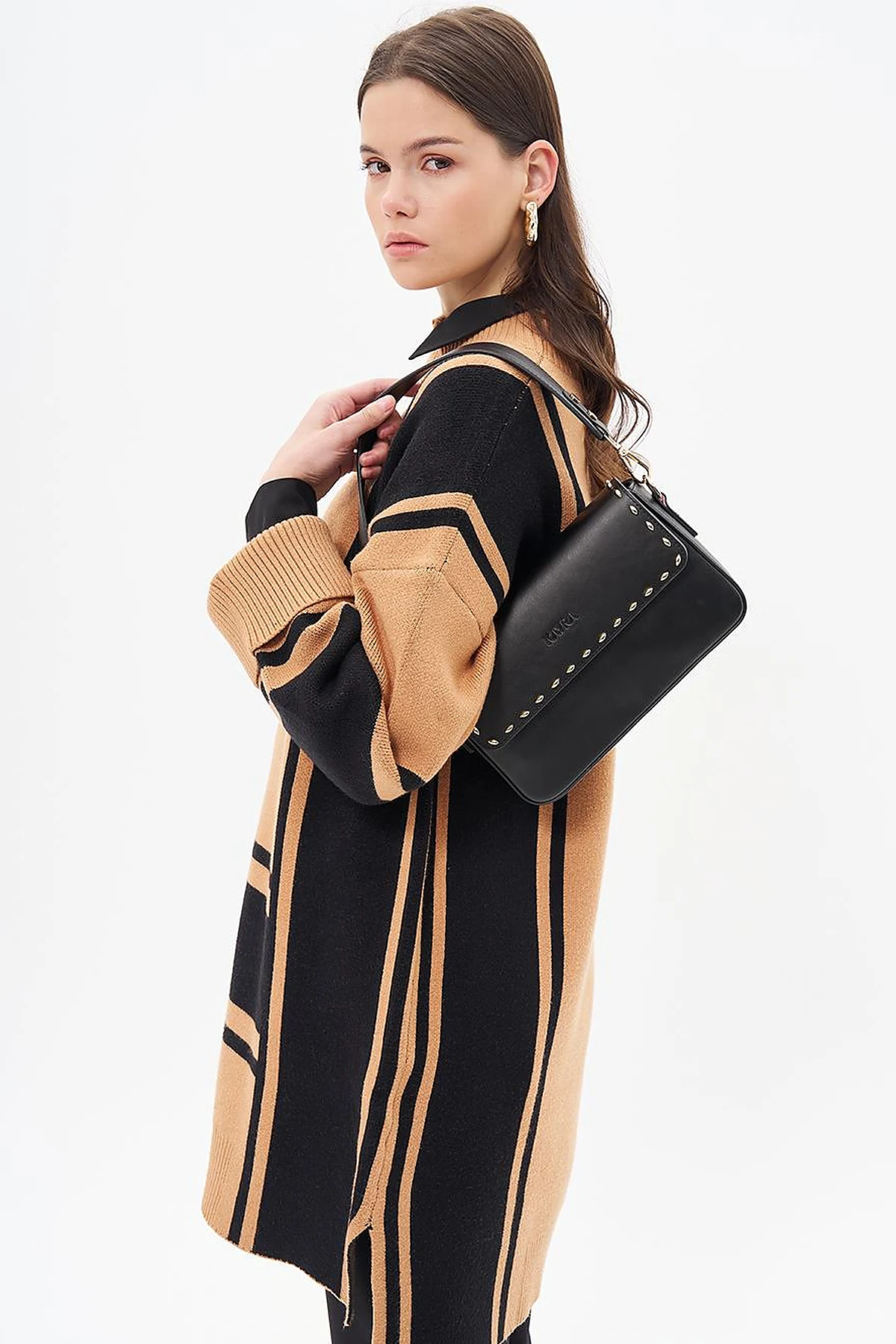 Stripe Pattern Knitwear Tunic Camel-Black