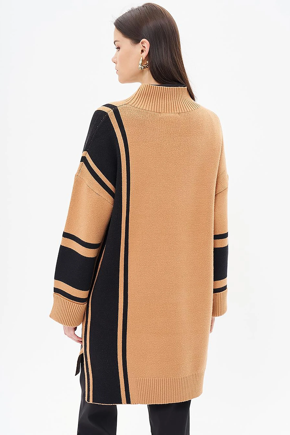 Stripe Pattern Knitwear Tunic Camel-Black