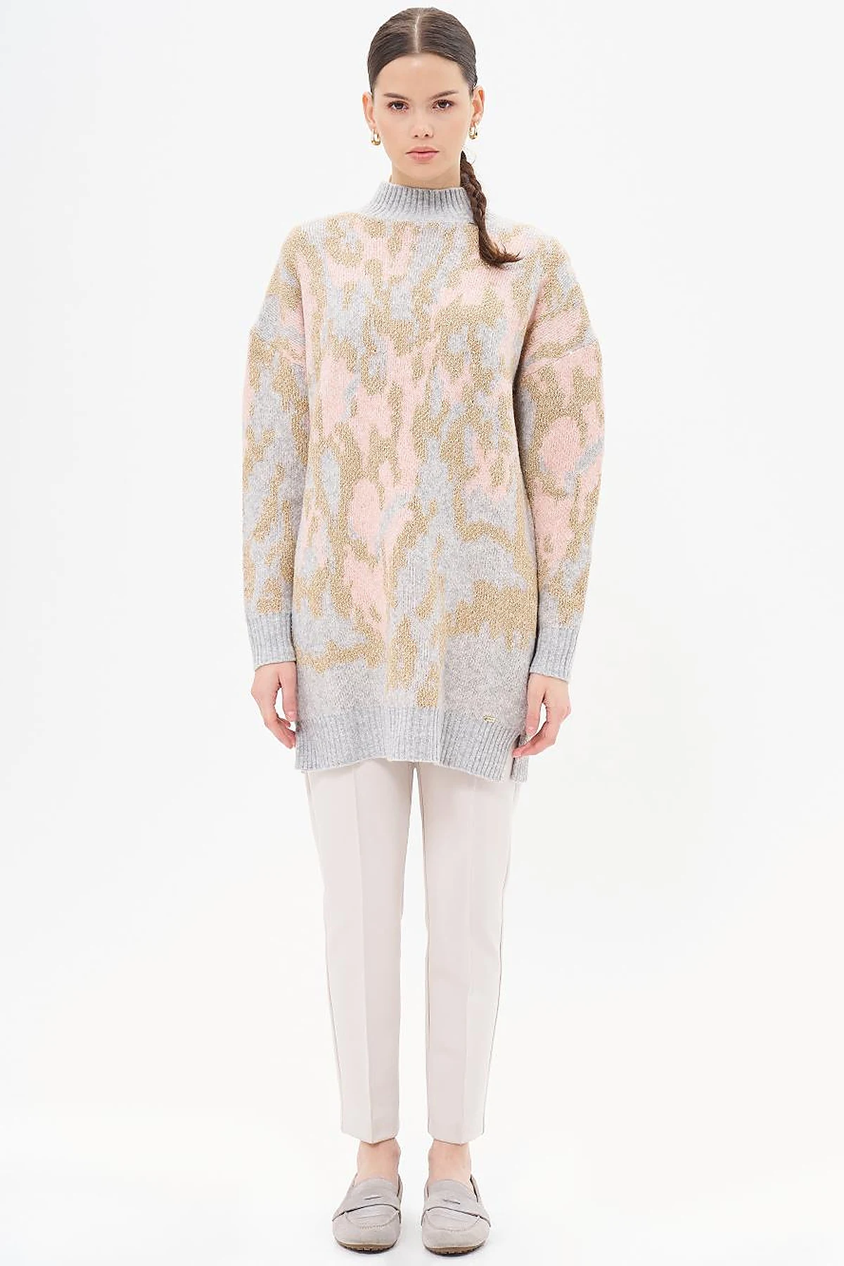 Abstract Patterned Knitwear Tunic Pink 