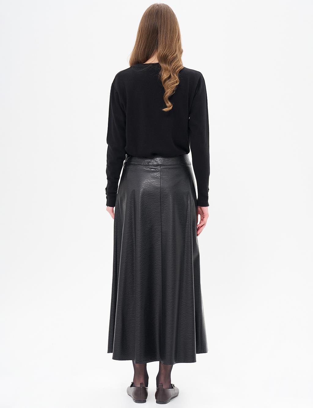 Faux Leather Flared Skirt Black