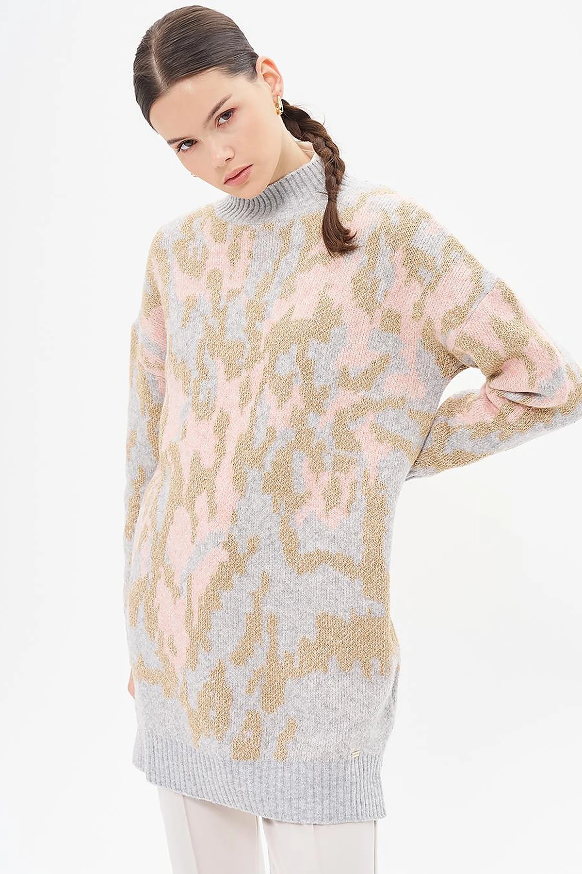 Abstract Patterned Knitwear Tunic Pink 