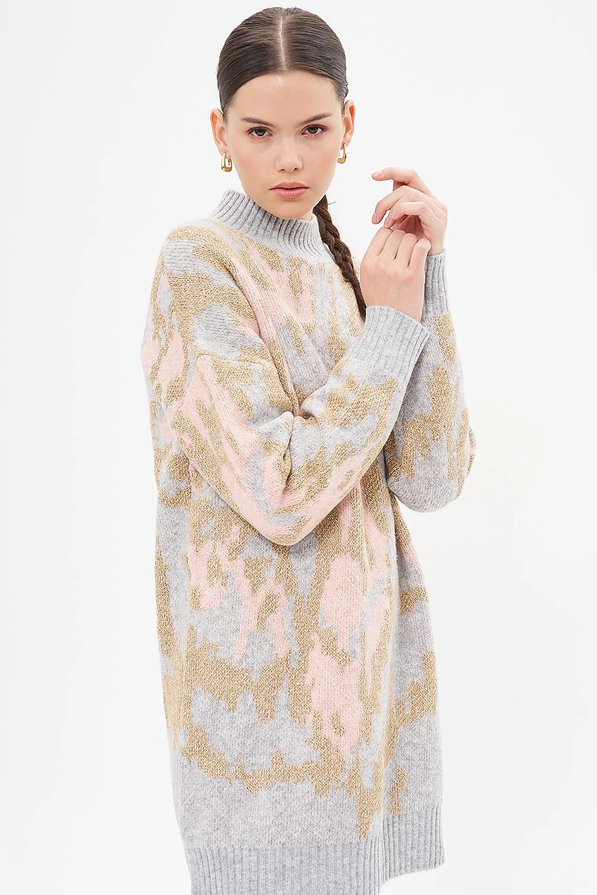 Abstract Patterned Knitwear Tunic Pink 