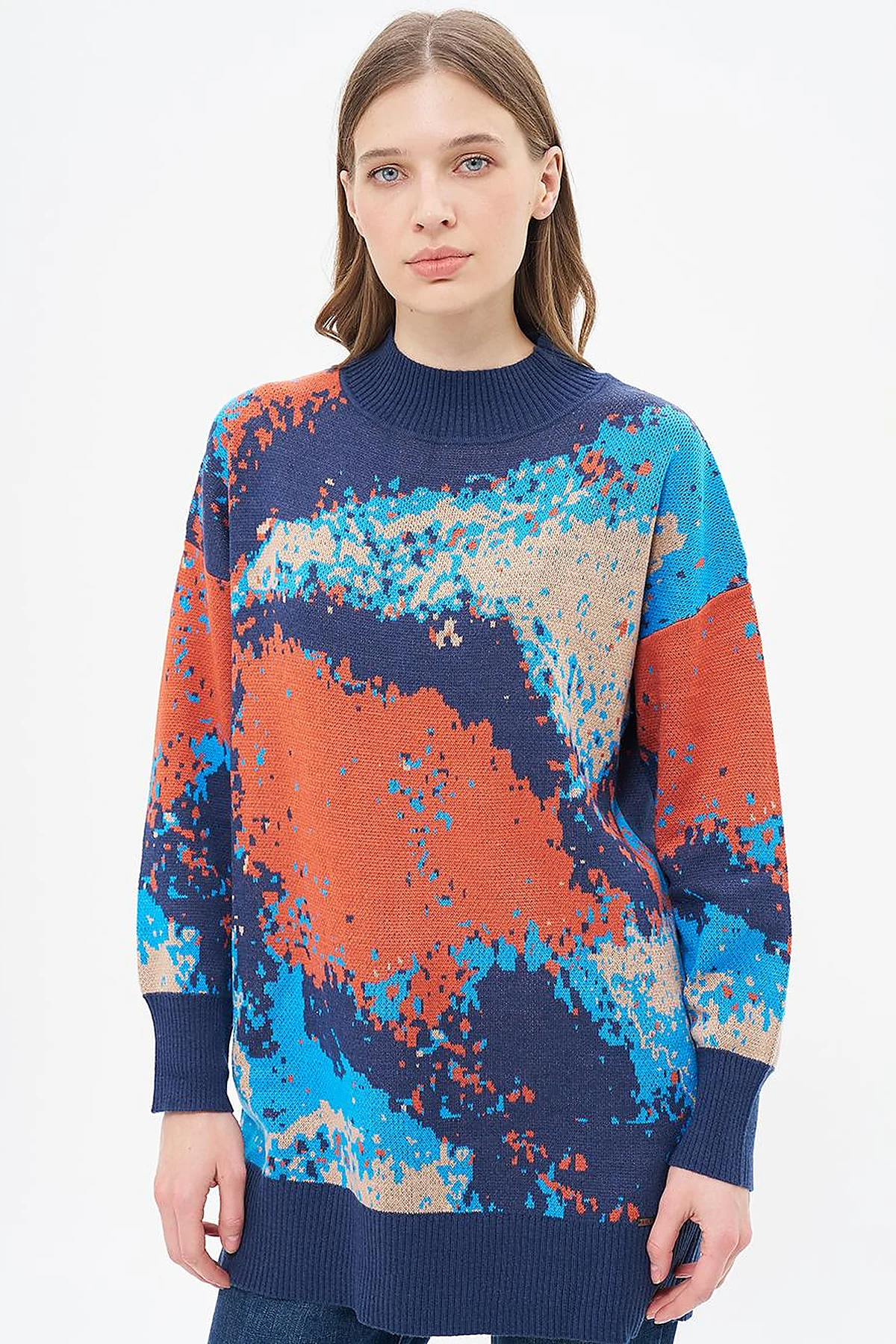 Abstract Patterned Half Turtleneck Knitwear Tunic Navy Blue