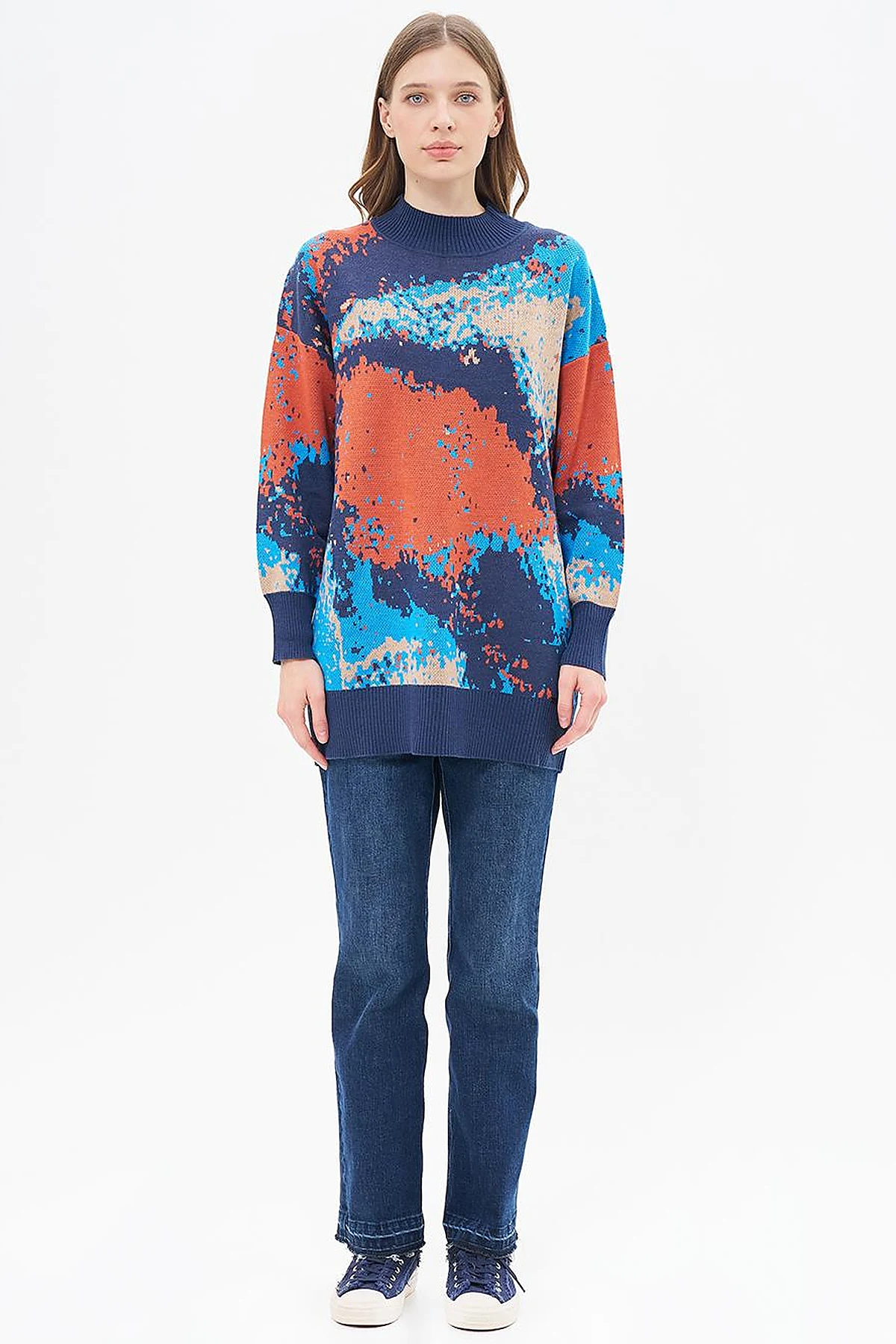 Abstract Patterned Half Turtleneck Knitwear Tunic Navy Blue