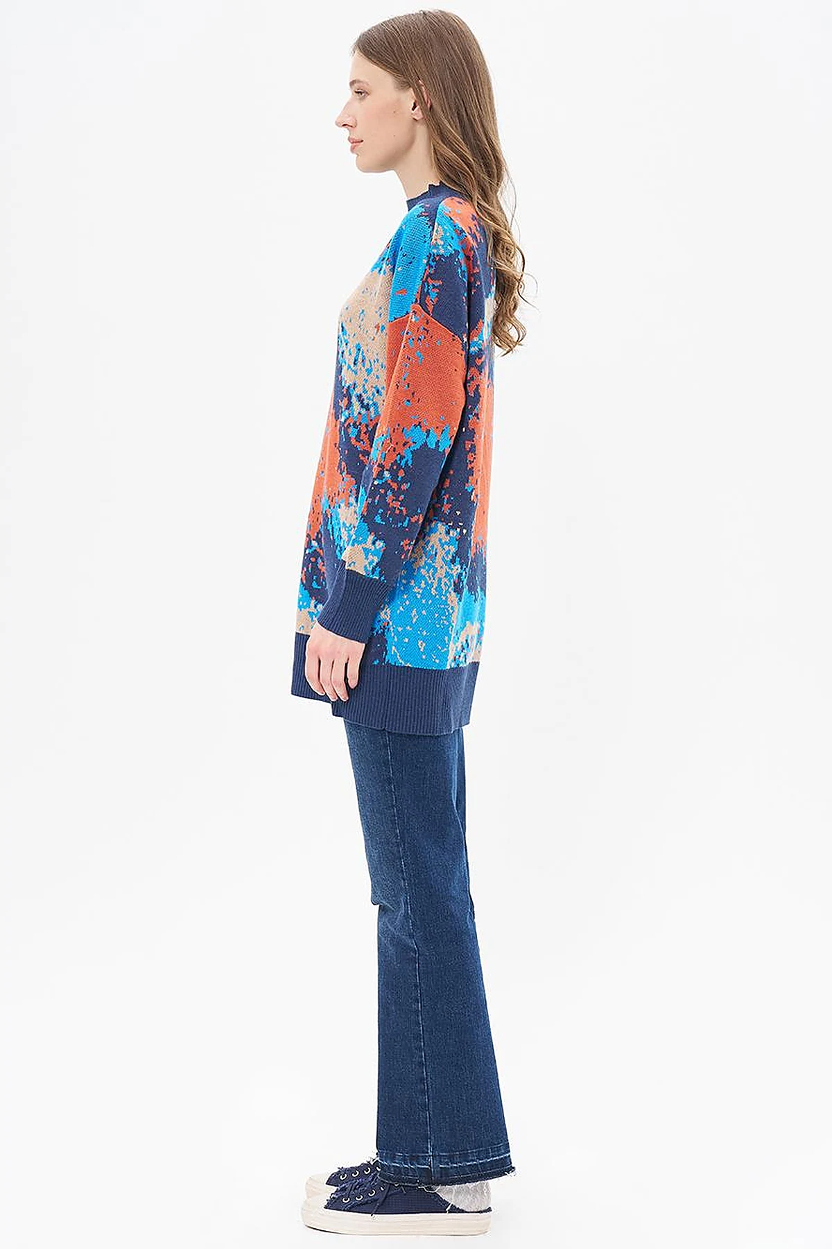 Abstract Patterned Half Turtleneck Knitwear Tunic Navy Blue