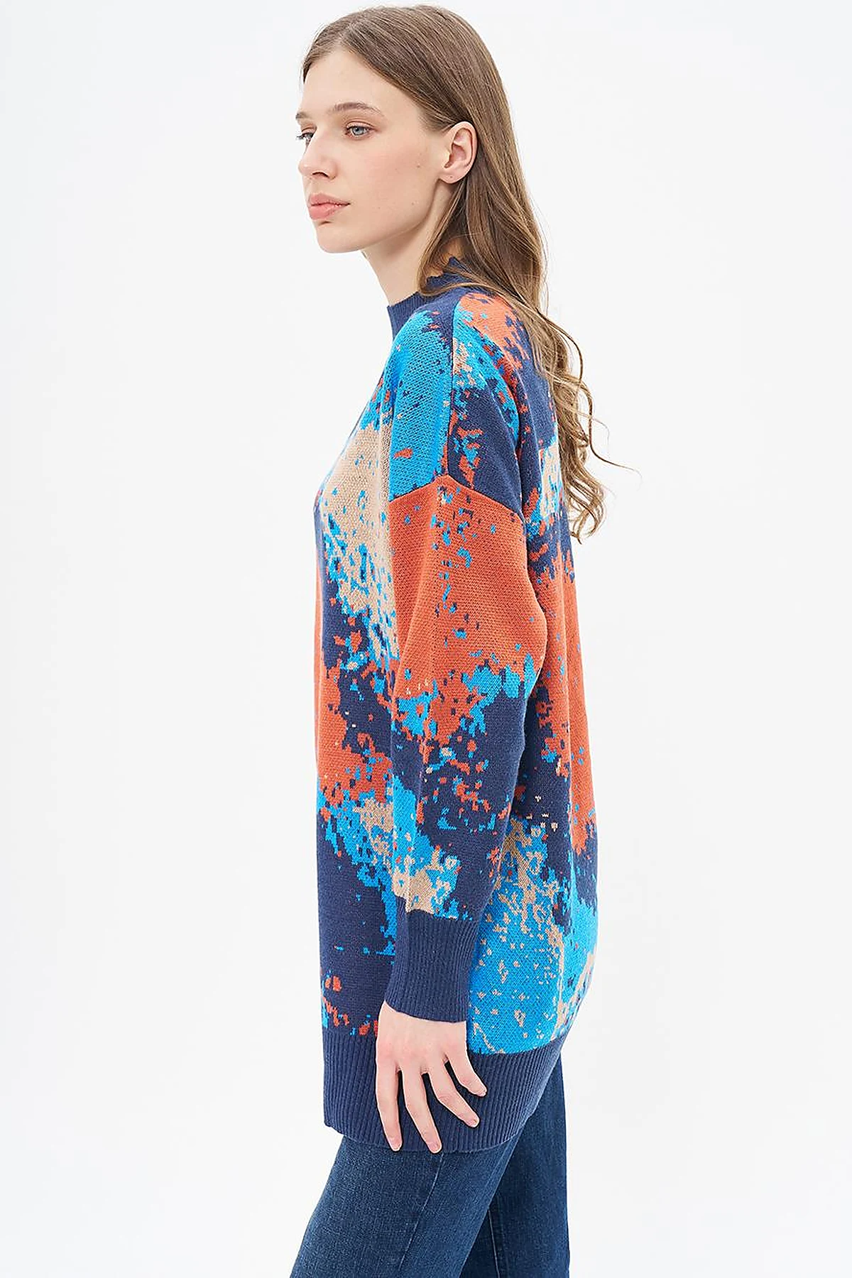 Abstract Patterned Half Turtleneck Knitwear Tunic Navy Blue