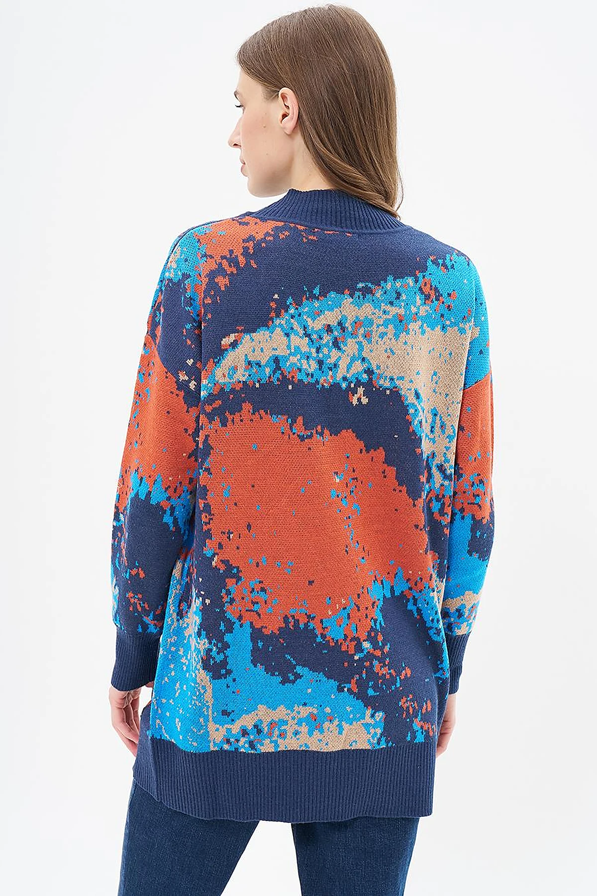 Abstract Patterned Half Turtleneck Knitwear Tunic Navy Blue