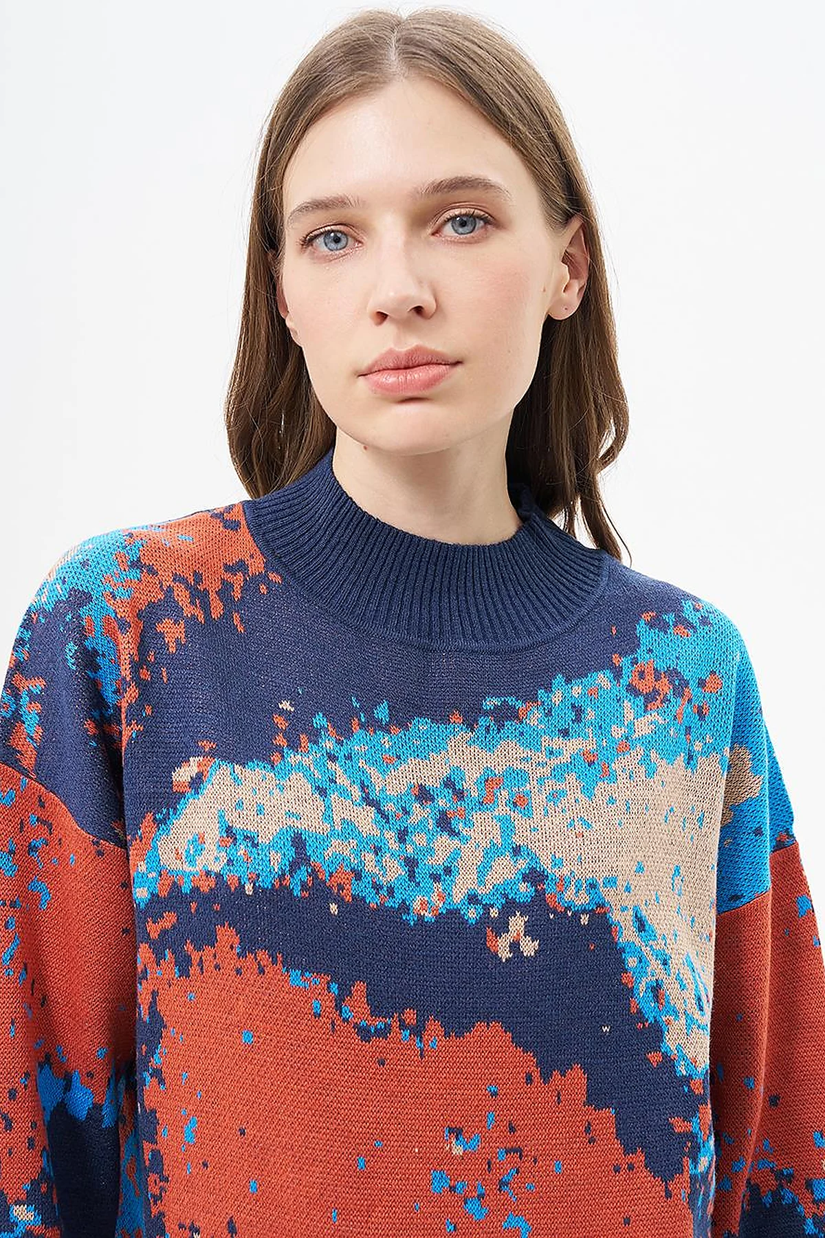 Abstract Patterned Half Turtleneck Knitwear Tunic Navy Blue