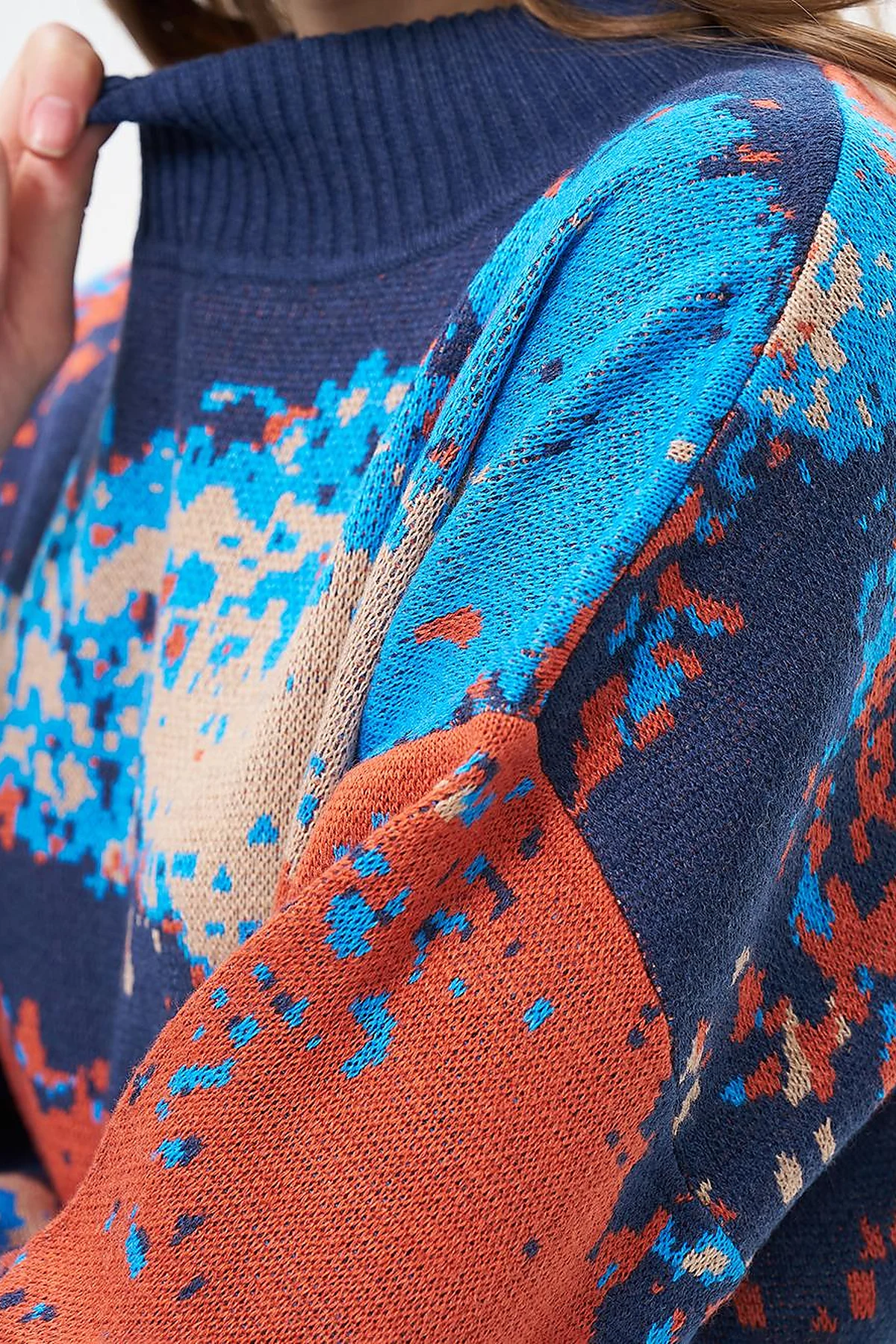 Abstract Patterned Half Turtleneck Knitwear Tunic Navy Blue