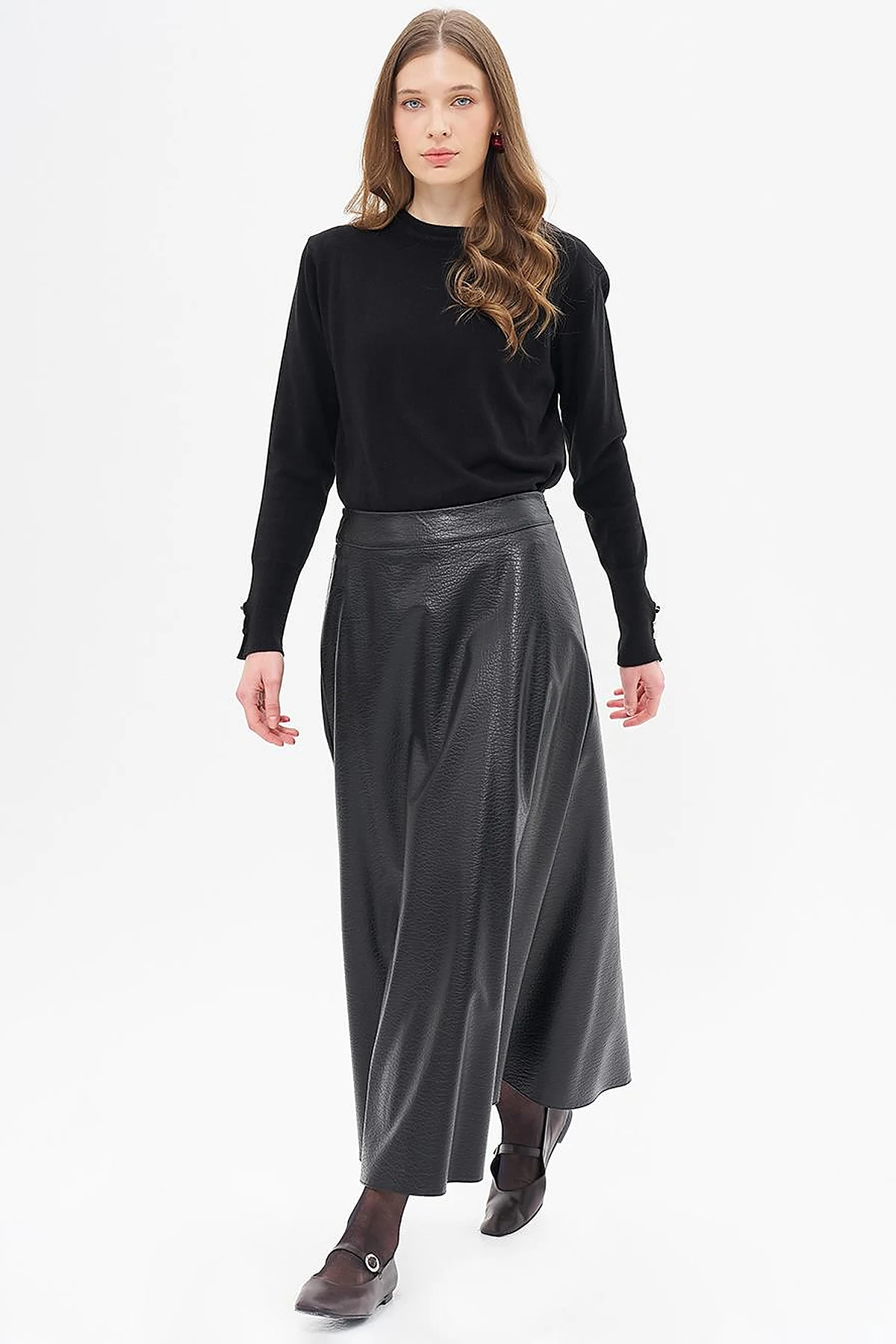 Faux Leather Flared Skirt Black