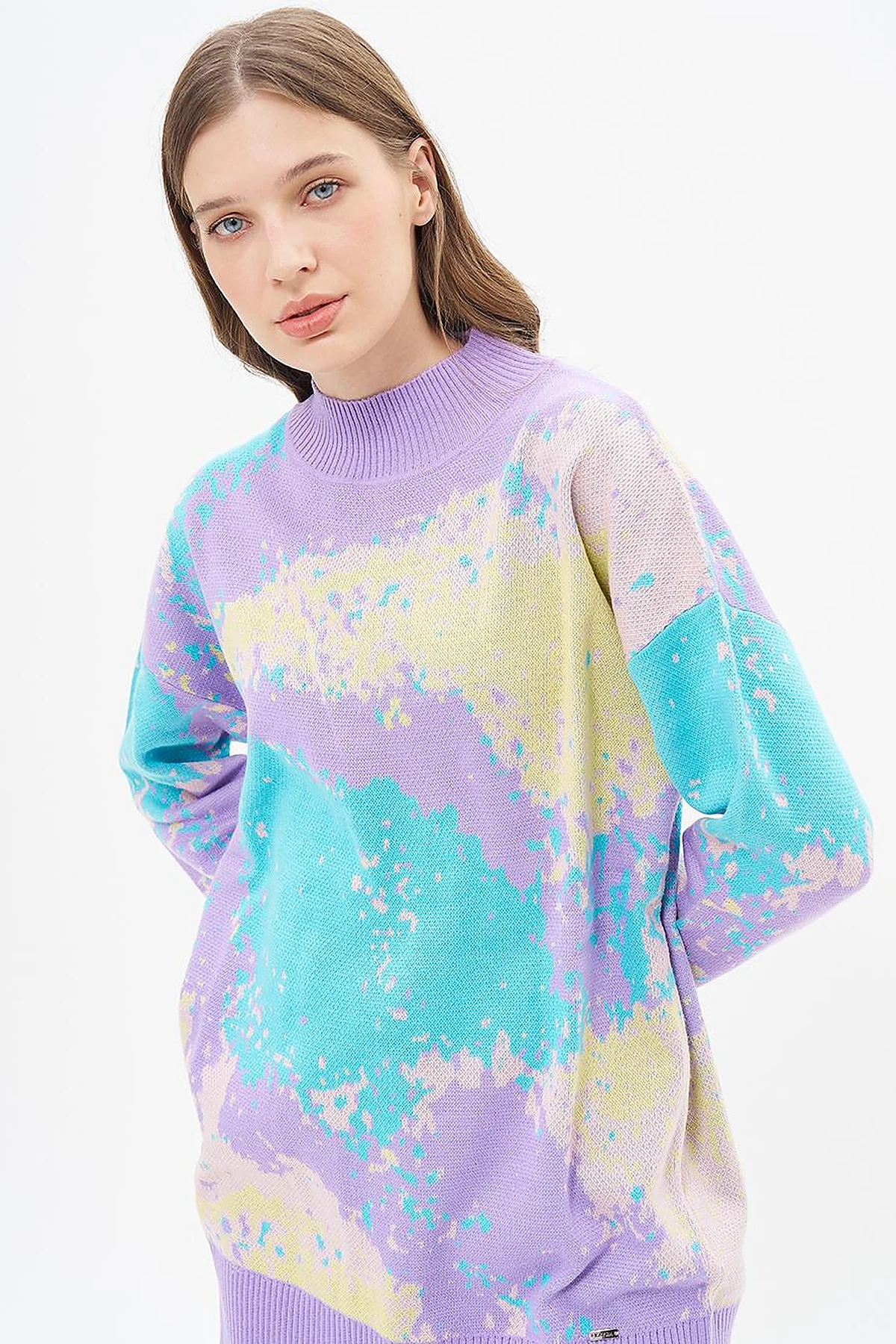 Abstract Patterned Half Turtleneck Knitwear Tunic Lilac