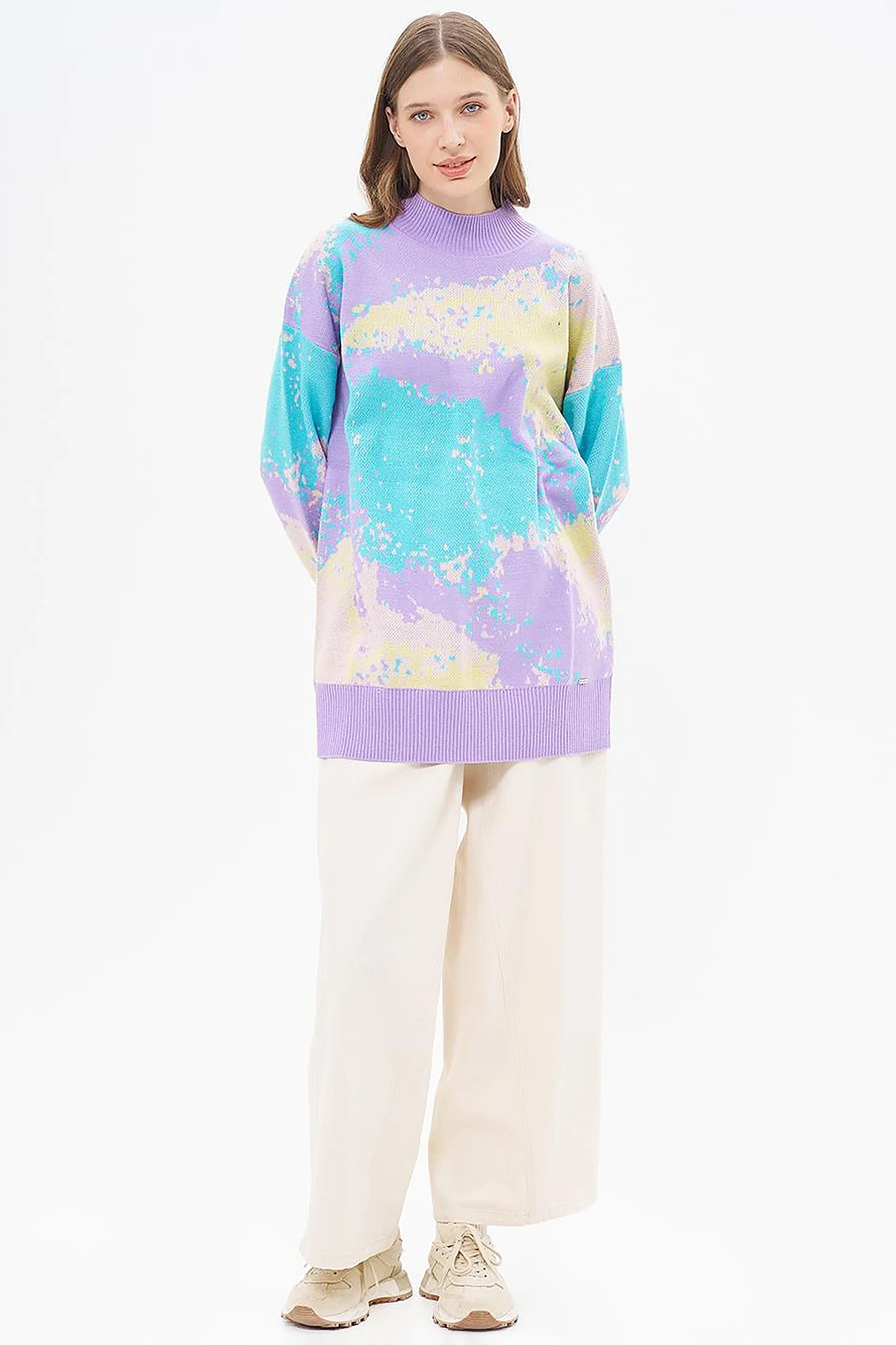 Abstract Patterned Half Turtleneck Knitwear Tunic Lilac
