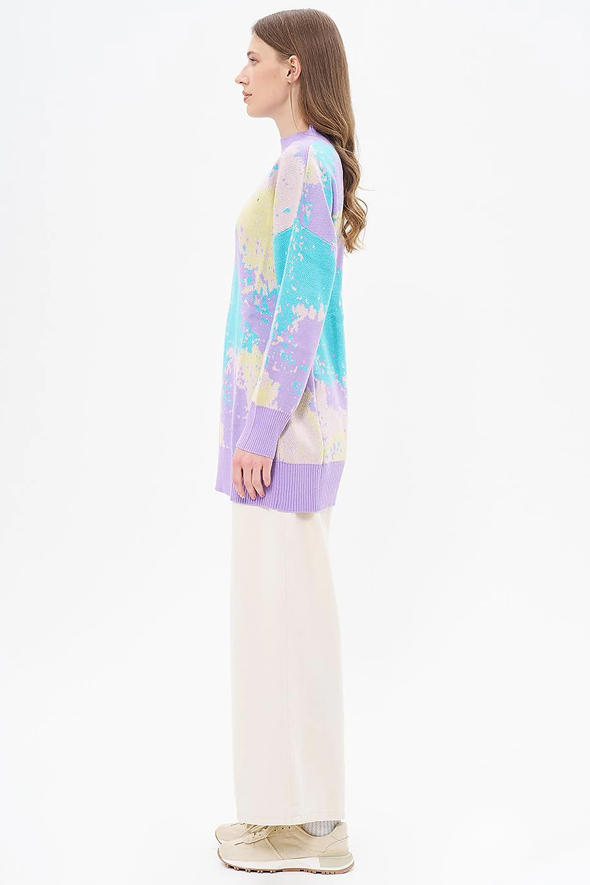 Abstract Patterned Half Turtleneck Knitwear Tunic Lilac