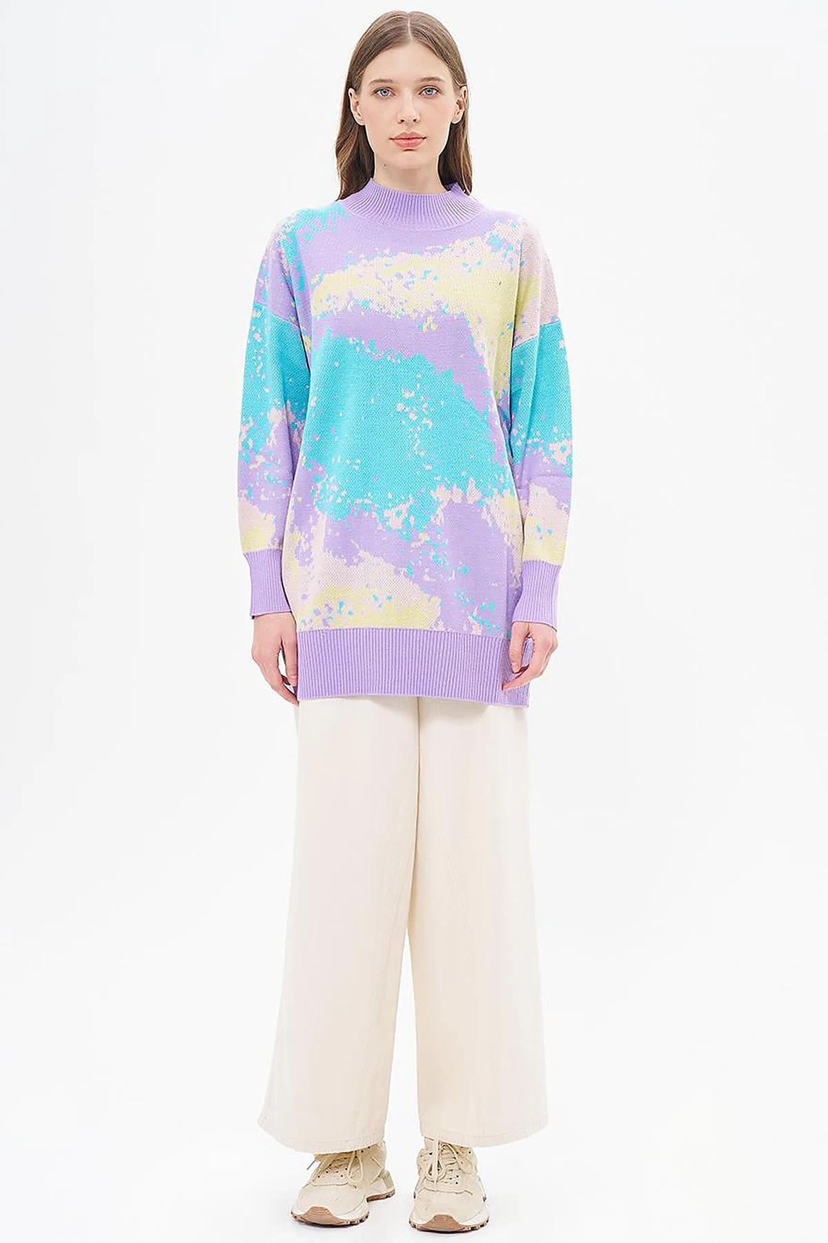 Abstract Patterned Half Turtleneck Knitwear Tunic Lilac