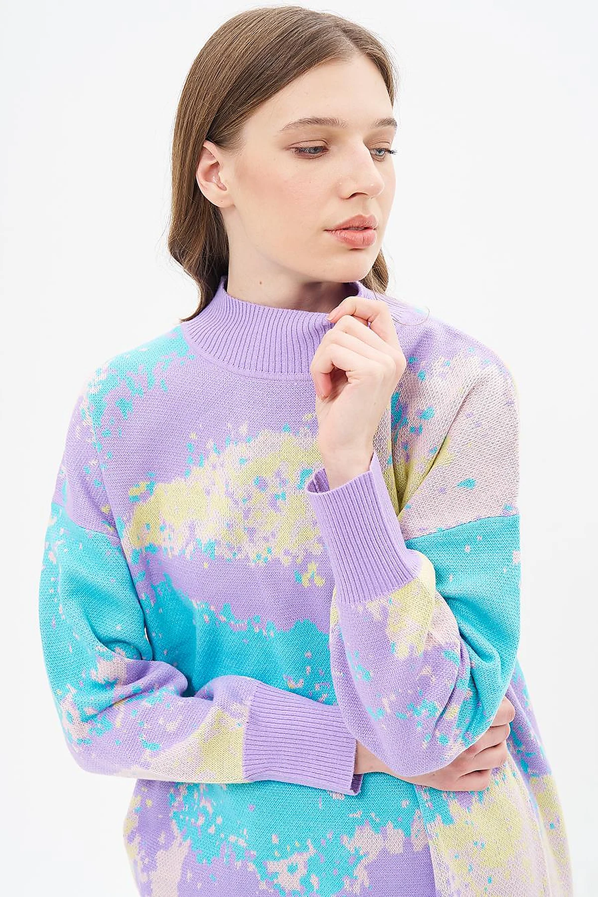 Abstract Patterned Half Turtleneck Knitwear Tunic Lilac