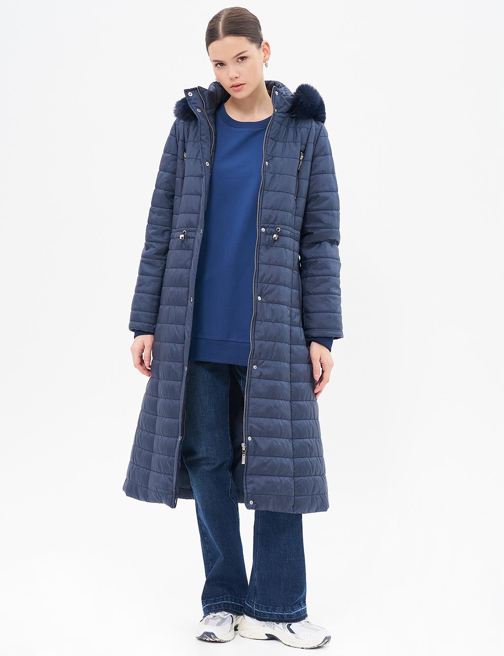 Diamond Patterned Faux Fur Anorak Coat Dark Navy Blue