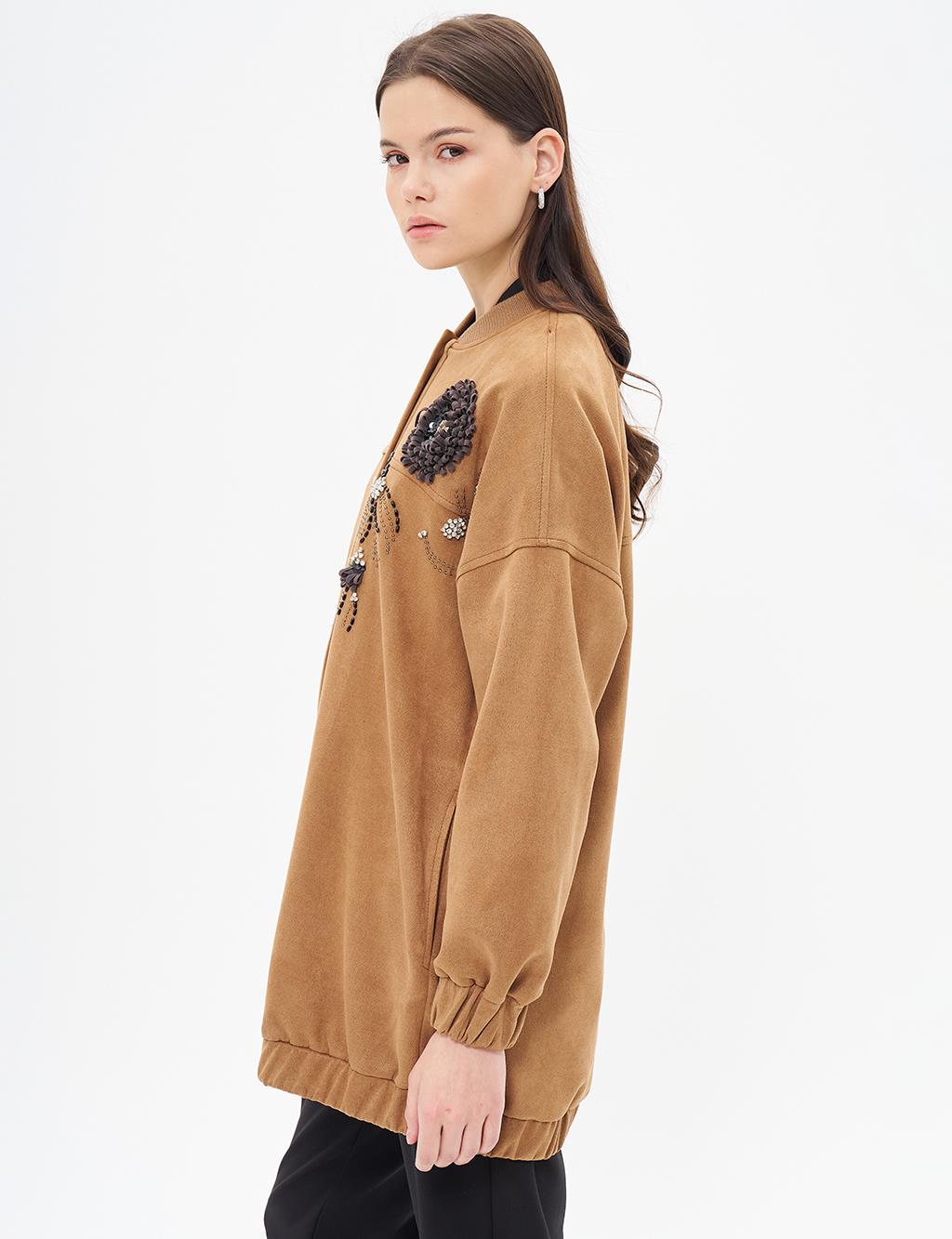 Suede Jacket Camel with Embroidery Detail