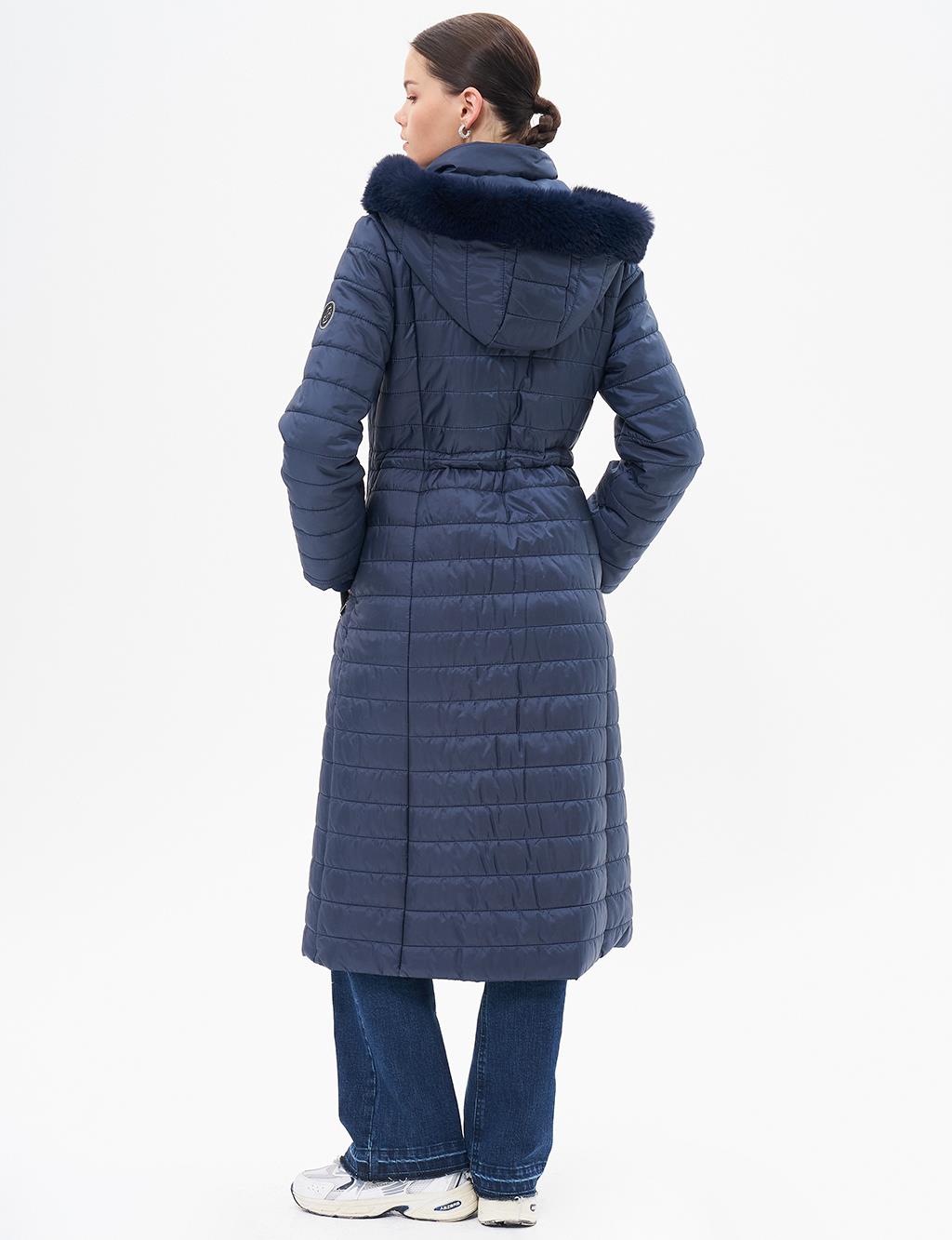 Diamond Patterned Faux Fur Anorak Coat Dark Navy Blue