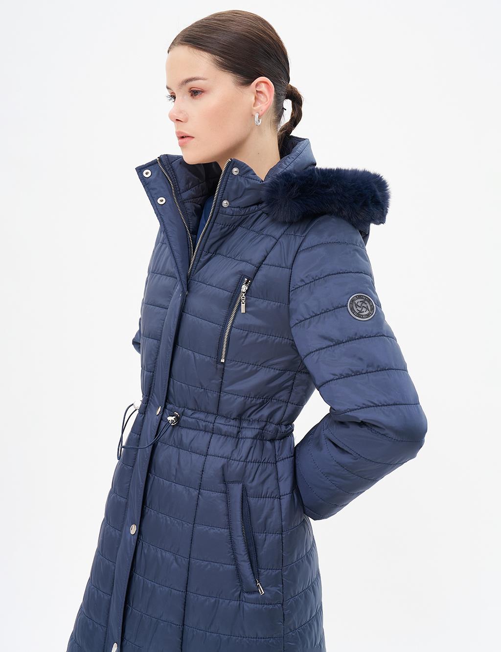 Diamond Patterned Faux Fur Anorak Coat Dark Navy Blue