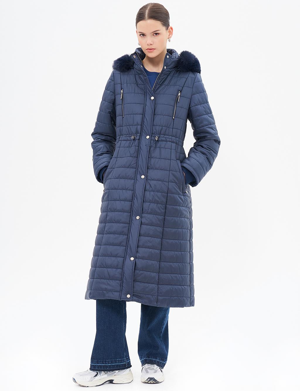 Diamond Patterned Faux Fur Anorak Coat Dark Navy Blue