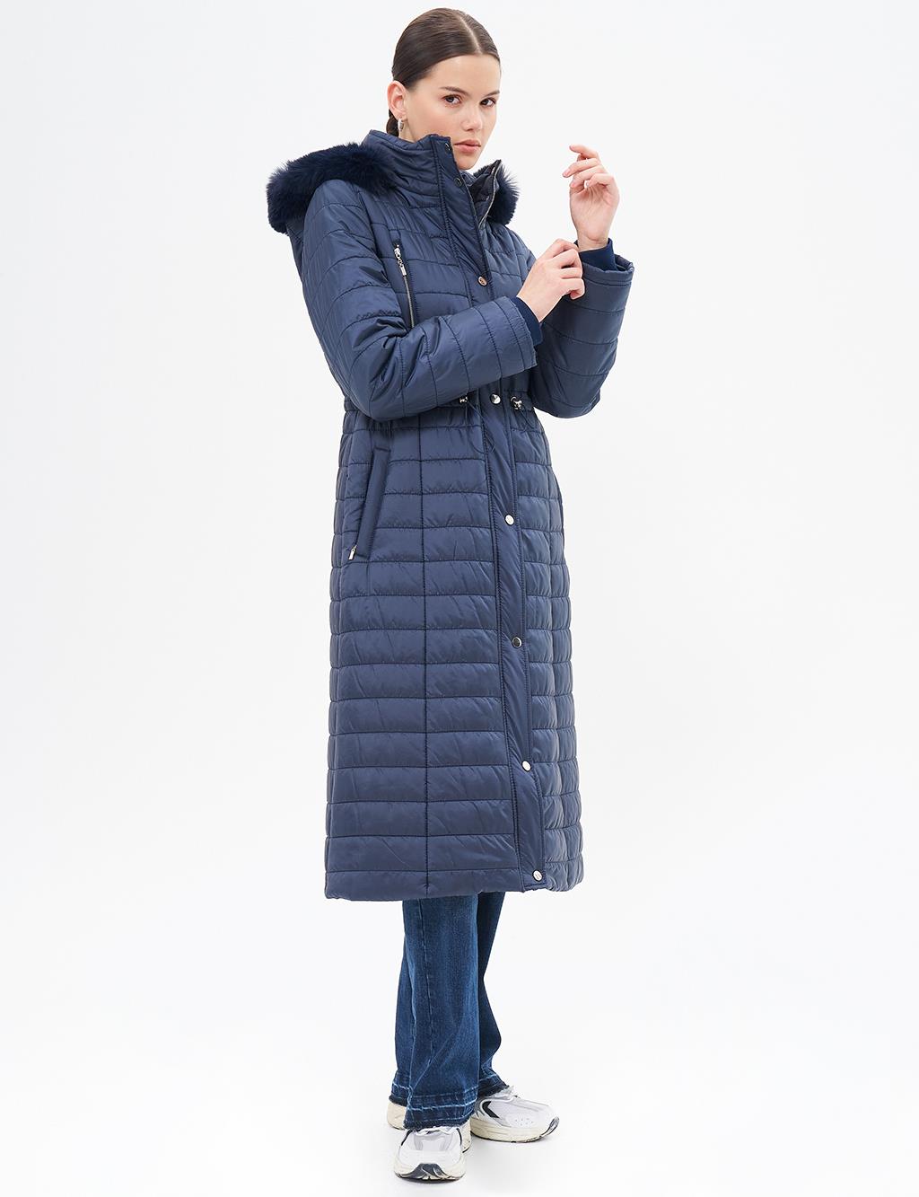 Diamond Patterned Faux Fur Anorak Coat Dark Navy Blue