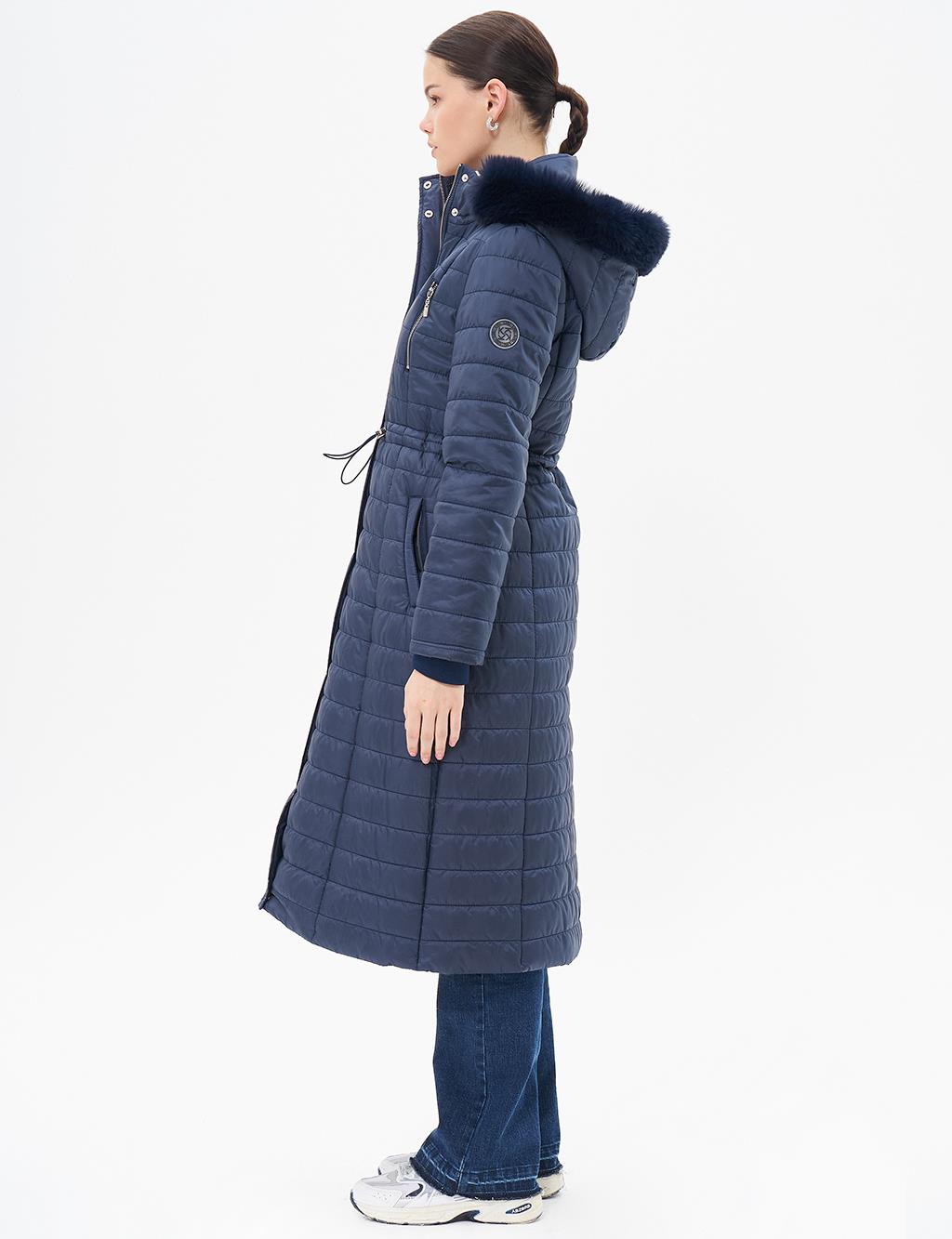 Diamond Patterned Faux Fur Anorak Coat Dark Navy Blue