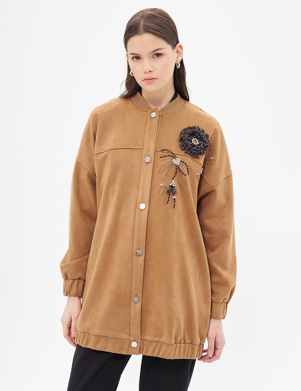 Suede Jacket Camel with Embroidery Detail