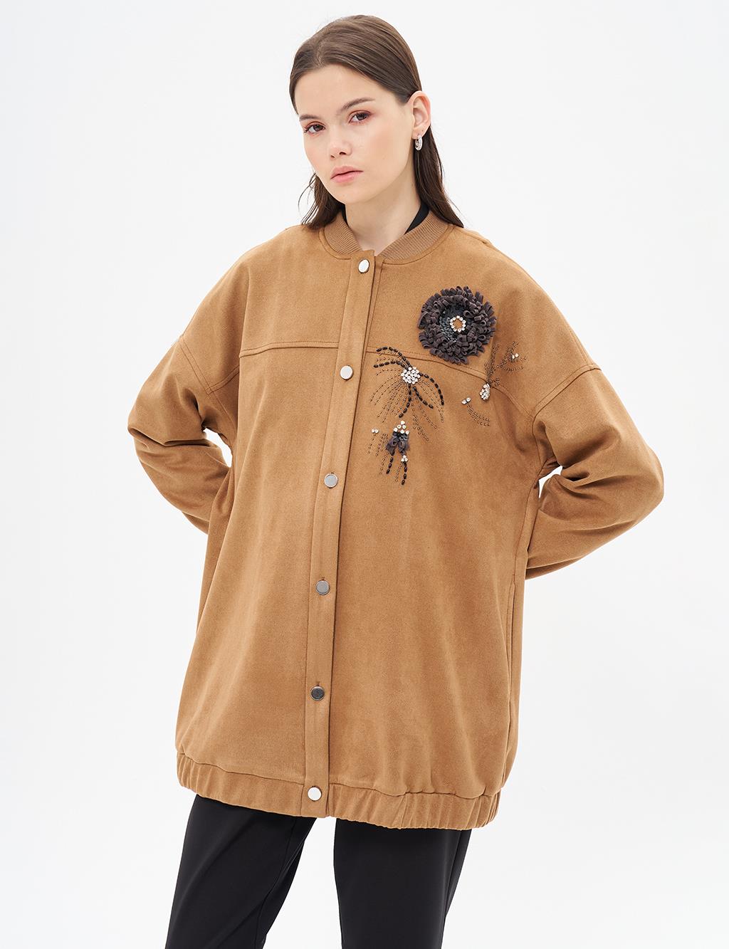 Suede Jacket Camel with Embroidery Detail