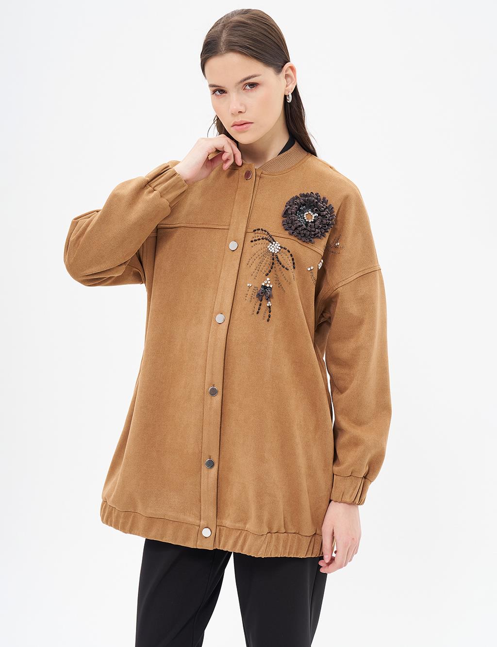 Suede Jacket Camel with Embroidery Detail