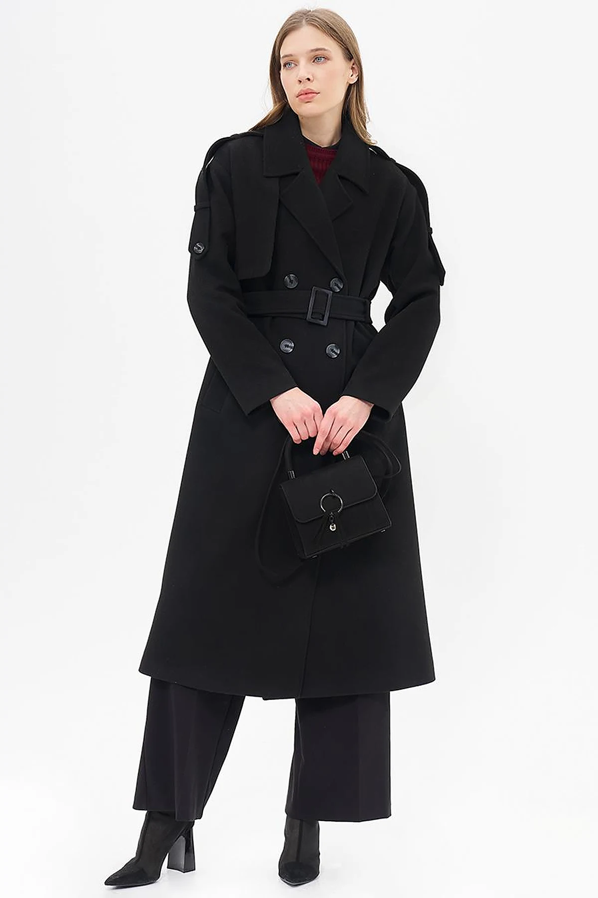 Men's Collar Buckle Wool Coat Black