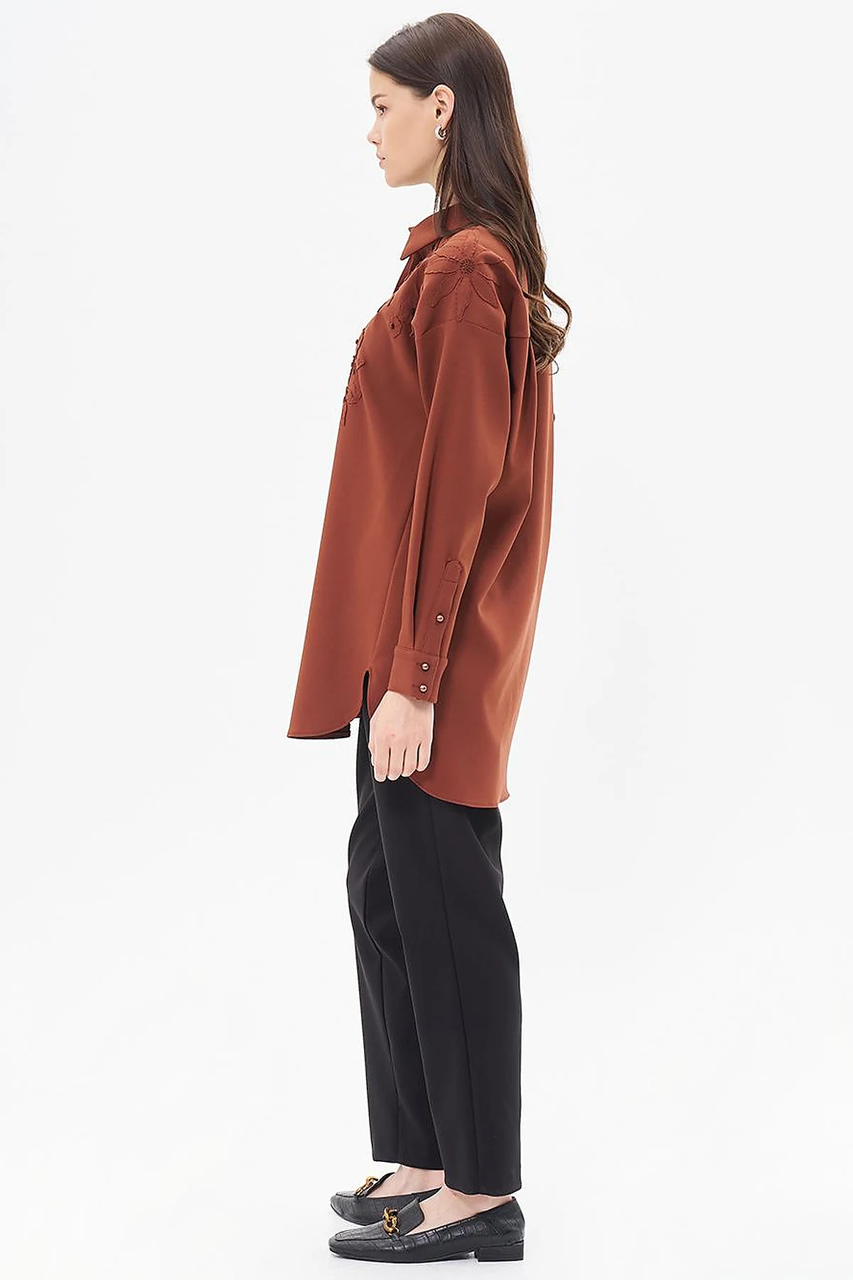 Embroidery Appliqued Shirt Collar Tunic Brown