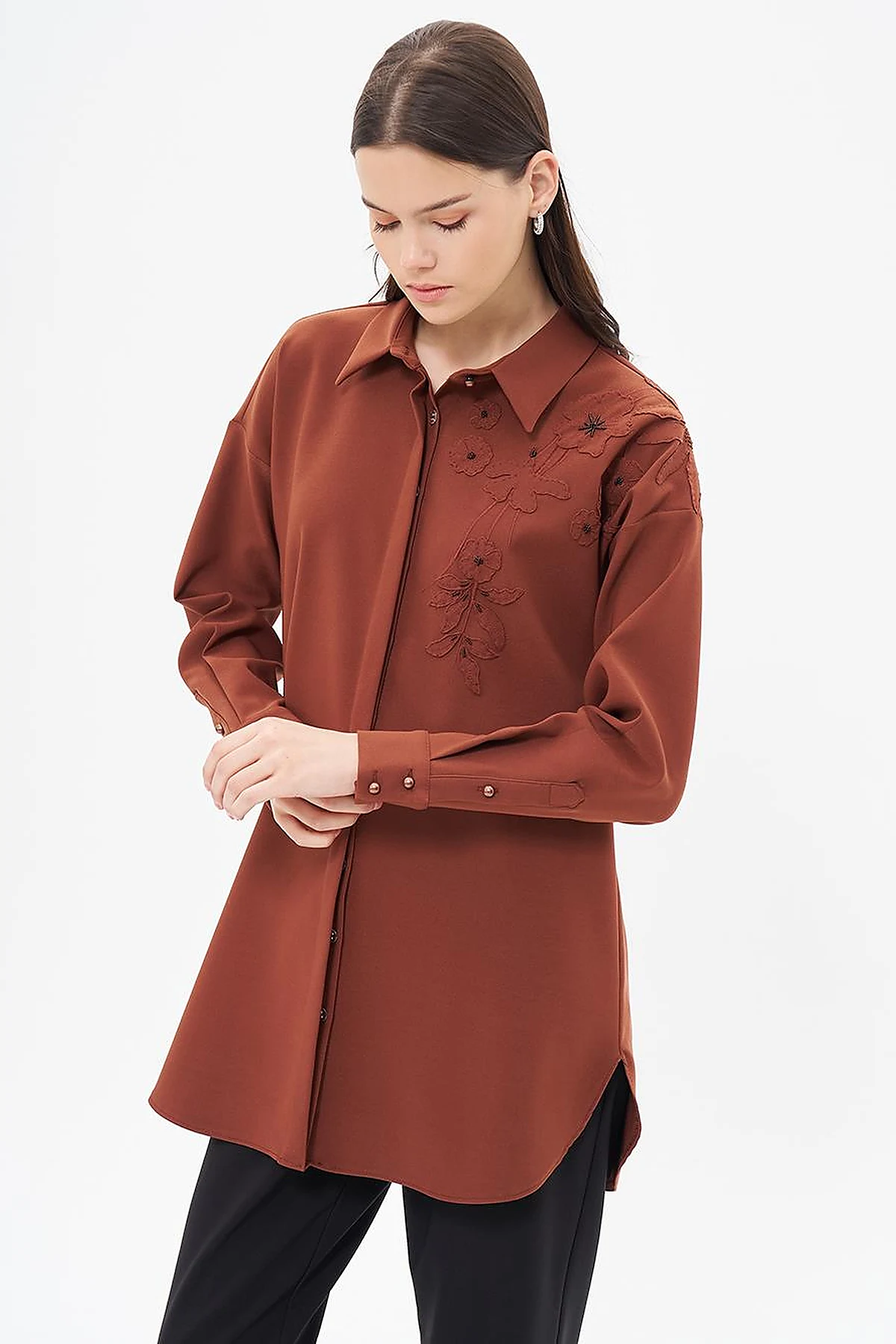 Embroidery Appliqued Shirt Collar Tunic Brown