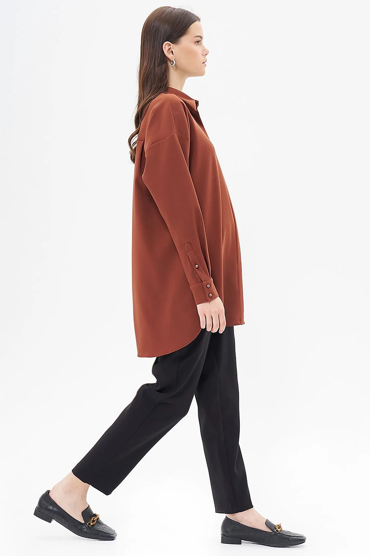 Embroidery Appliqued Shirt Collar Tunic Brown