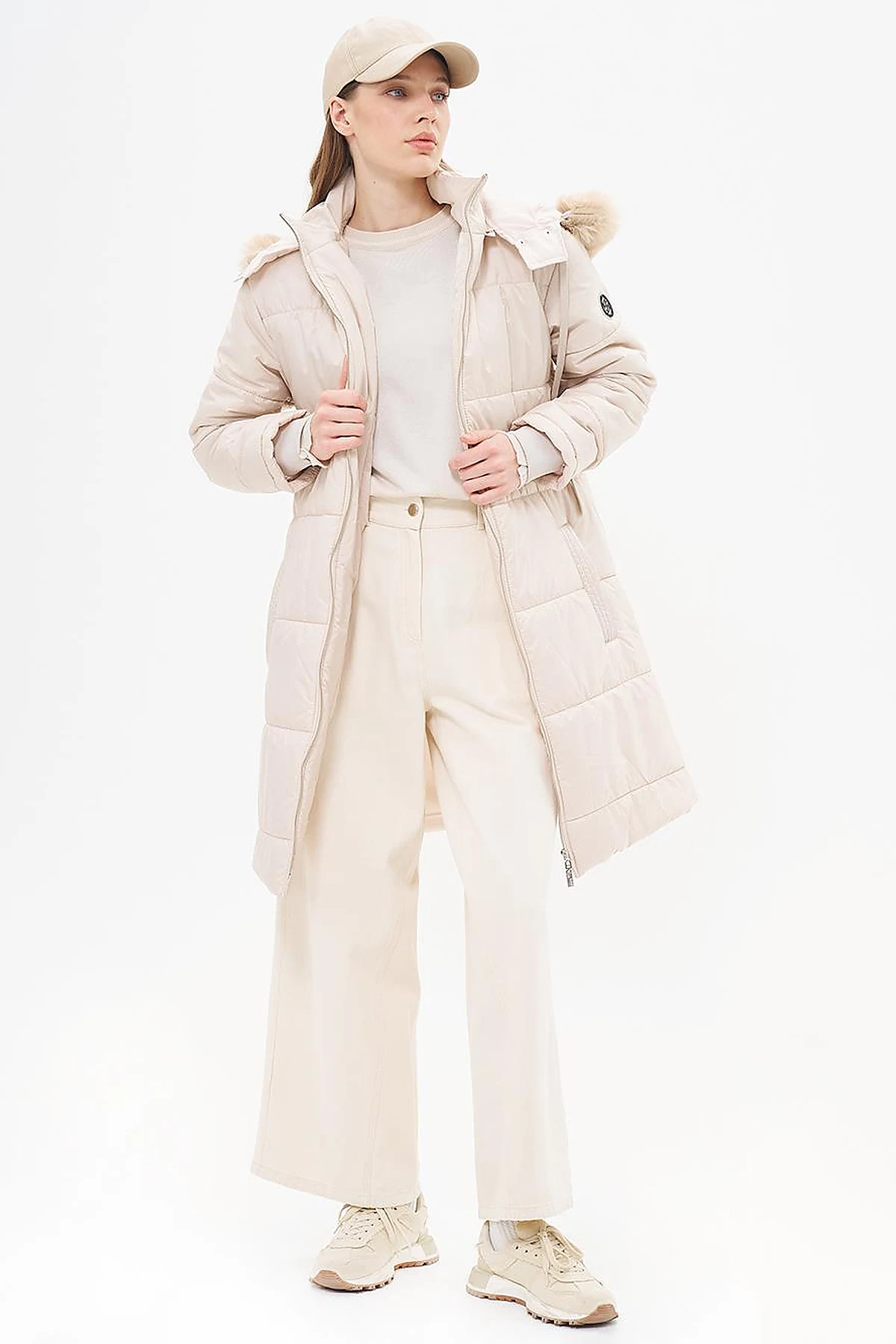Quilted Anorak Coat with Faux Fur Detail Stone
