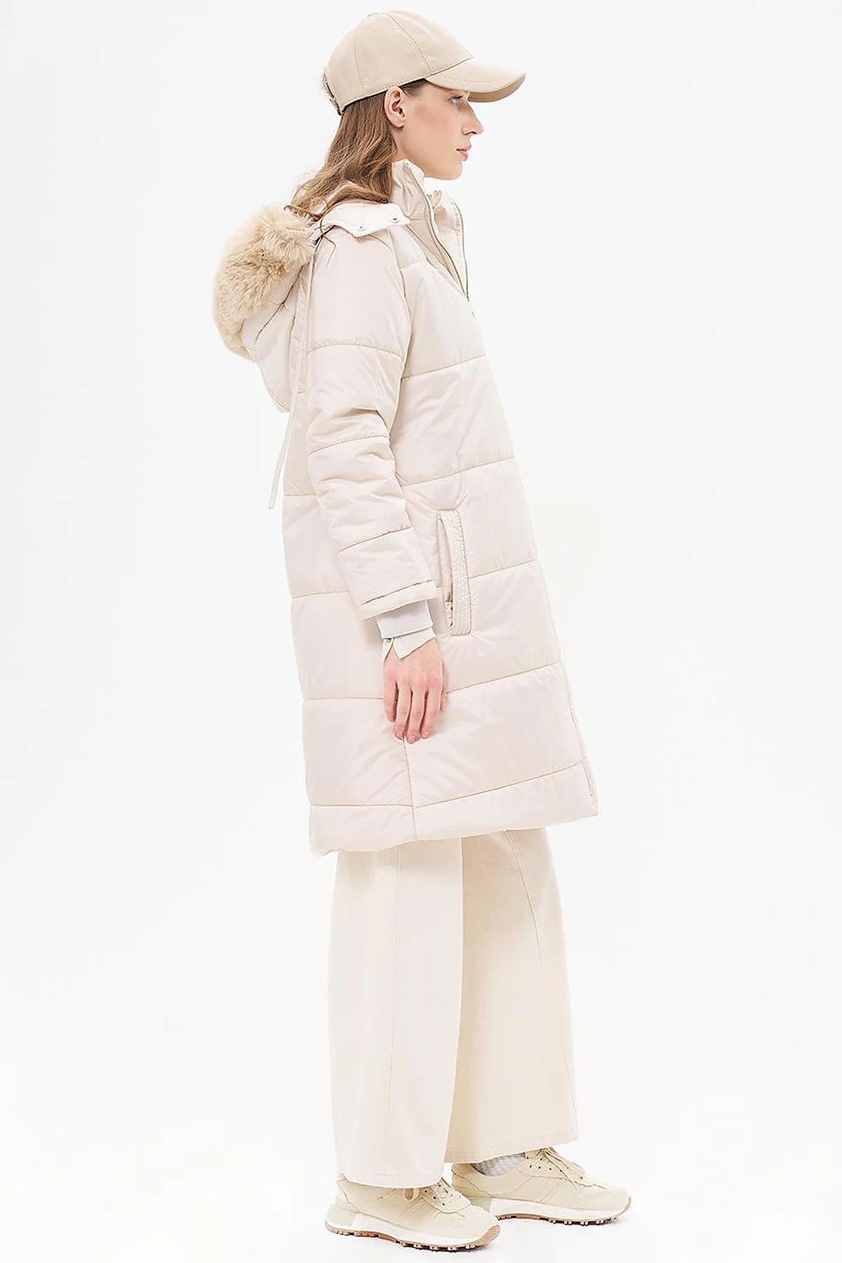 Quilted Anorak Coat with Faux Fur Detail Stone