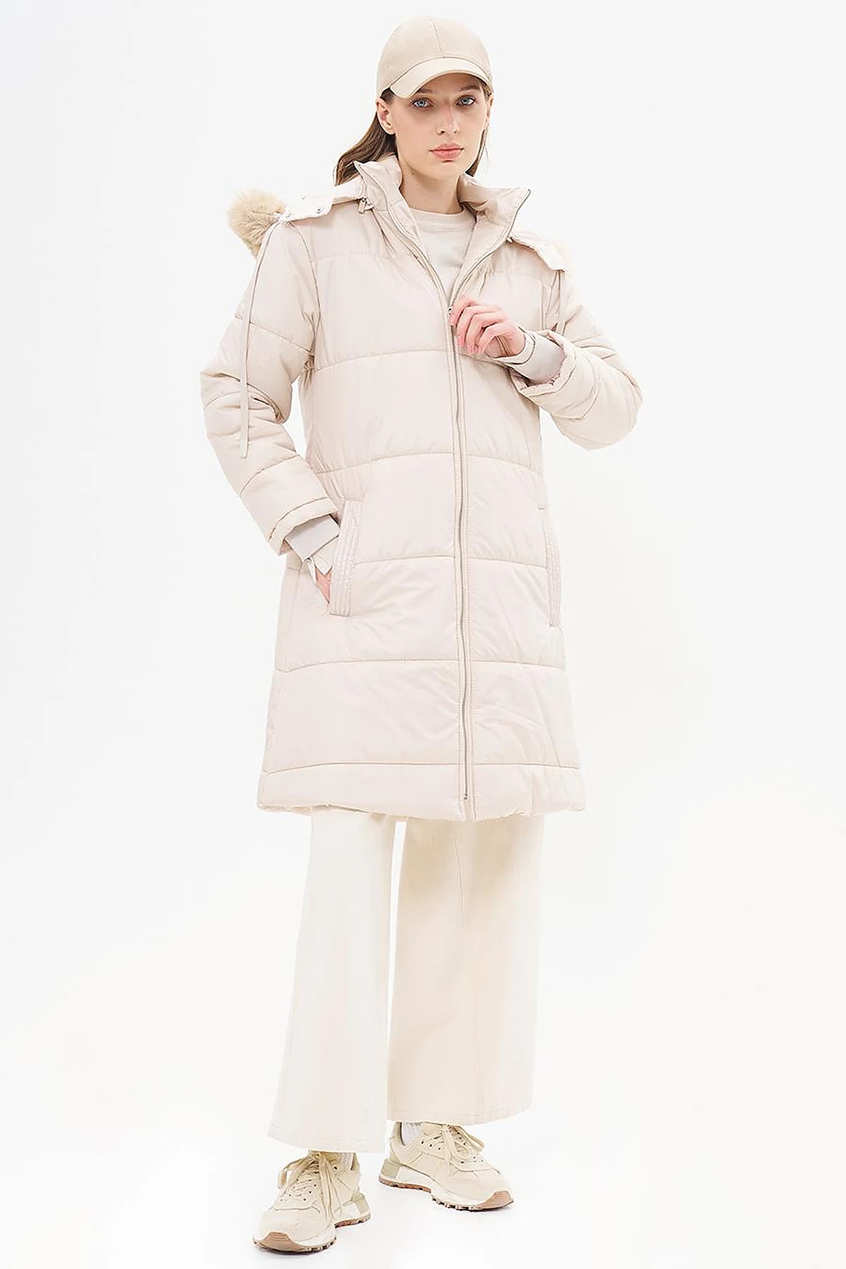 Quilted Anorak Coat with Faux Fur Detail Stone